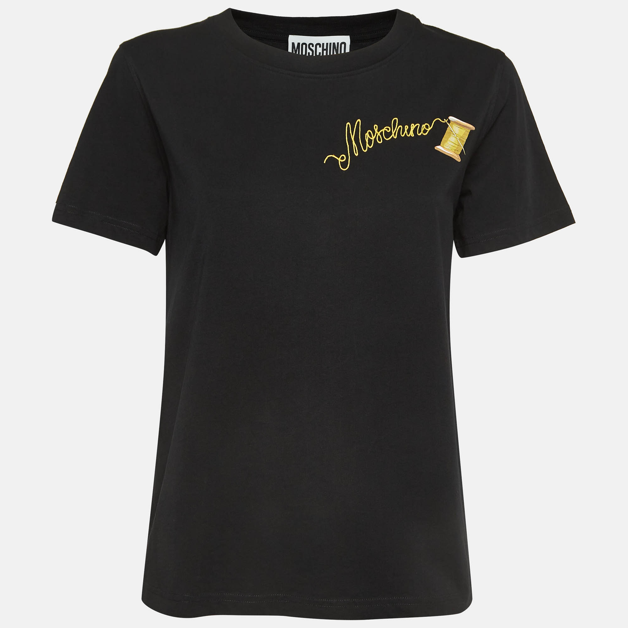 Pre Owned Moschino Couture Black Logo Embroidered Cotton Half Sleeve T-Shirt M