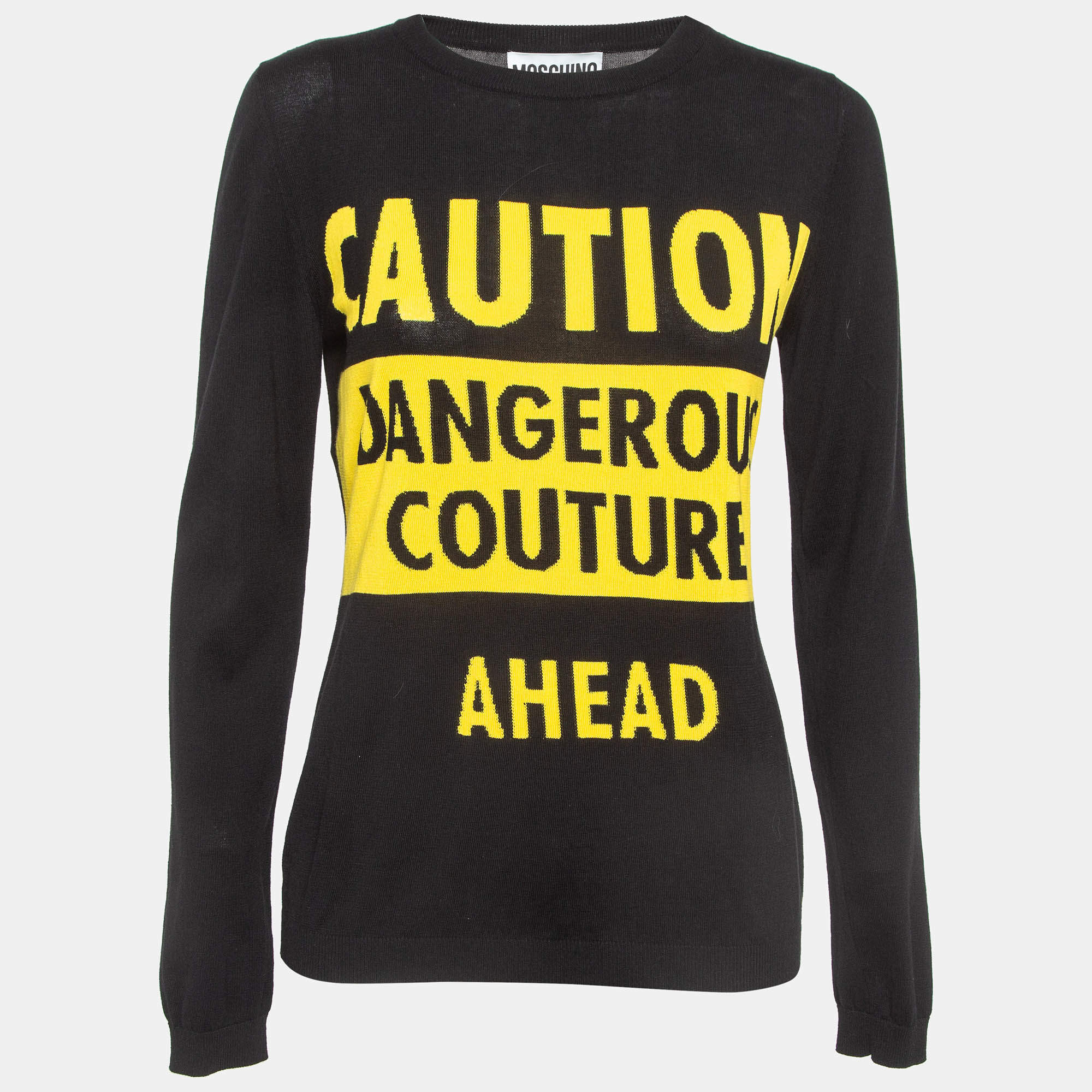 Pre Owned Moschino Couture Black Caution Print Cotton Sweatshirt M