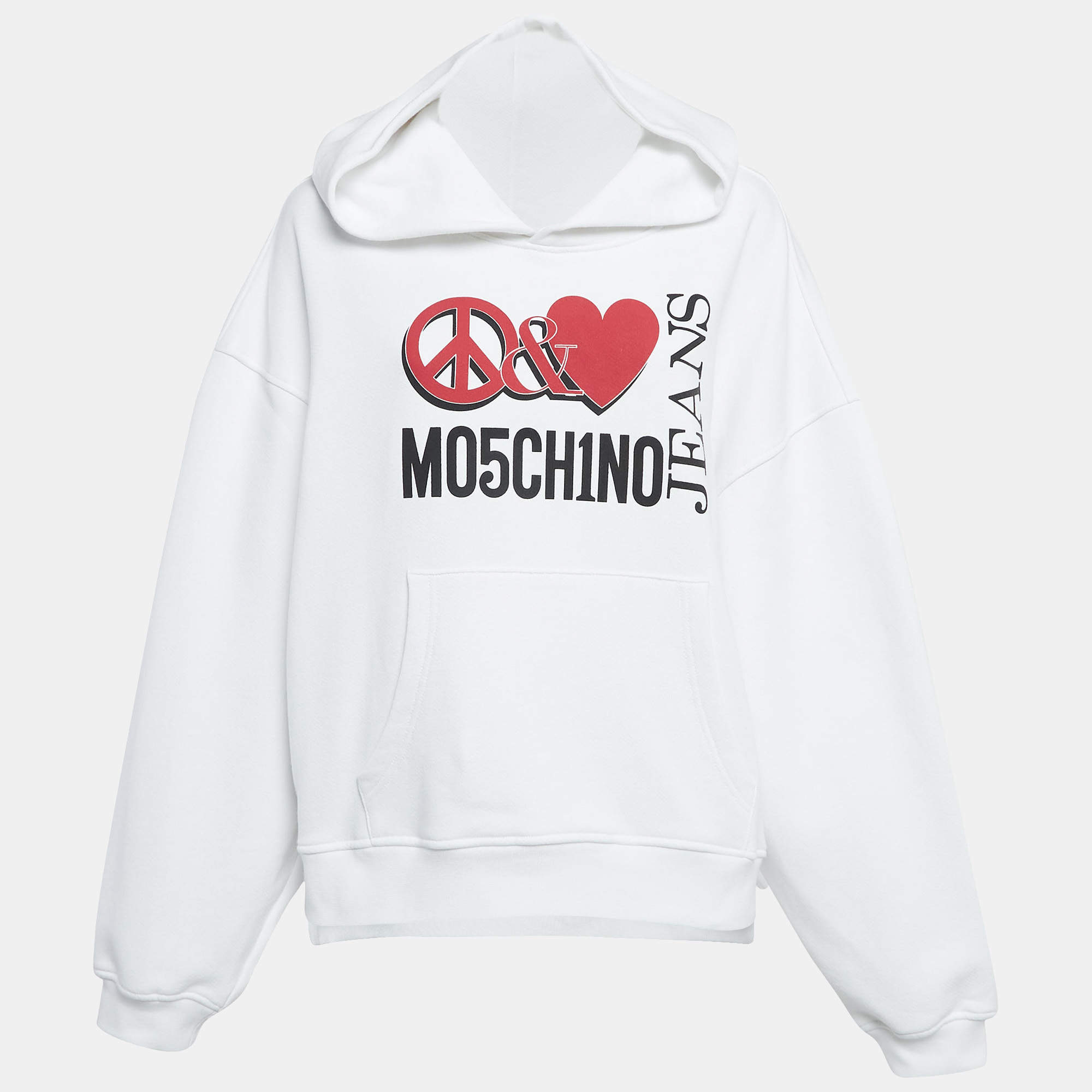مملوكة مسبقًا Moschino Mo5ch1no Jeans White Peace & Love Print Cotton Hoodie M