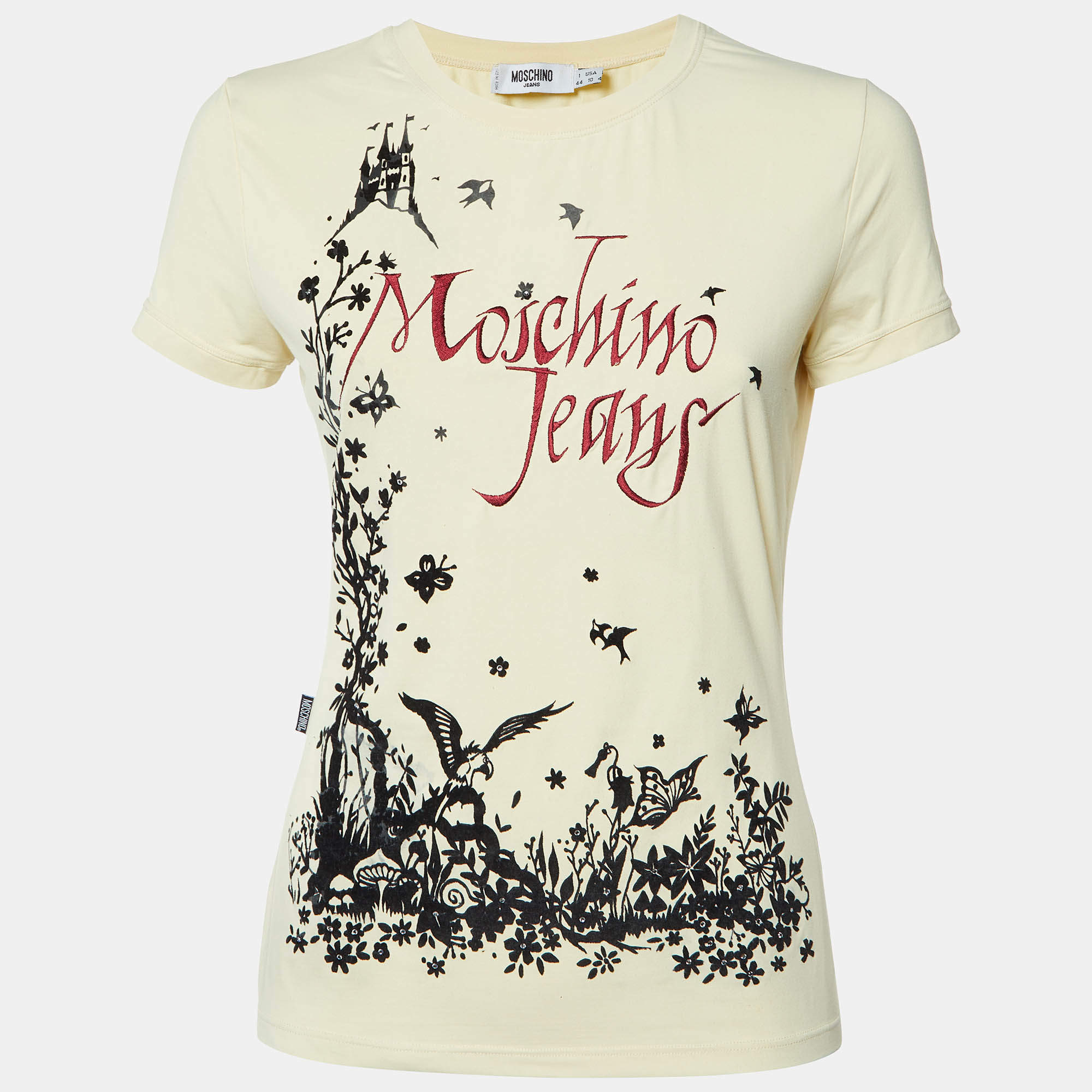 Moschino Jeans Yellow Logo Embroidery and Flock Print Jersey T-Shirt M