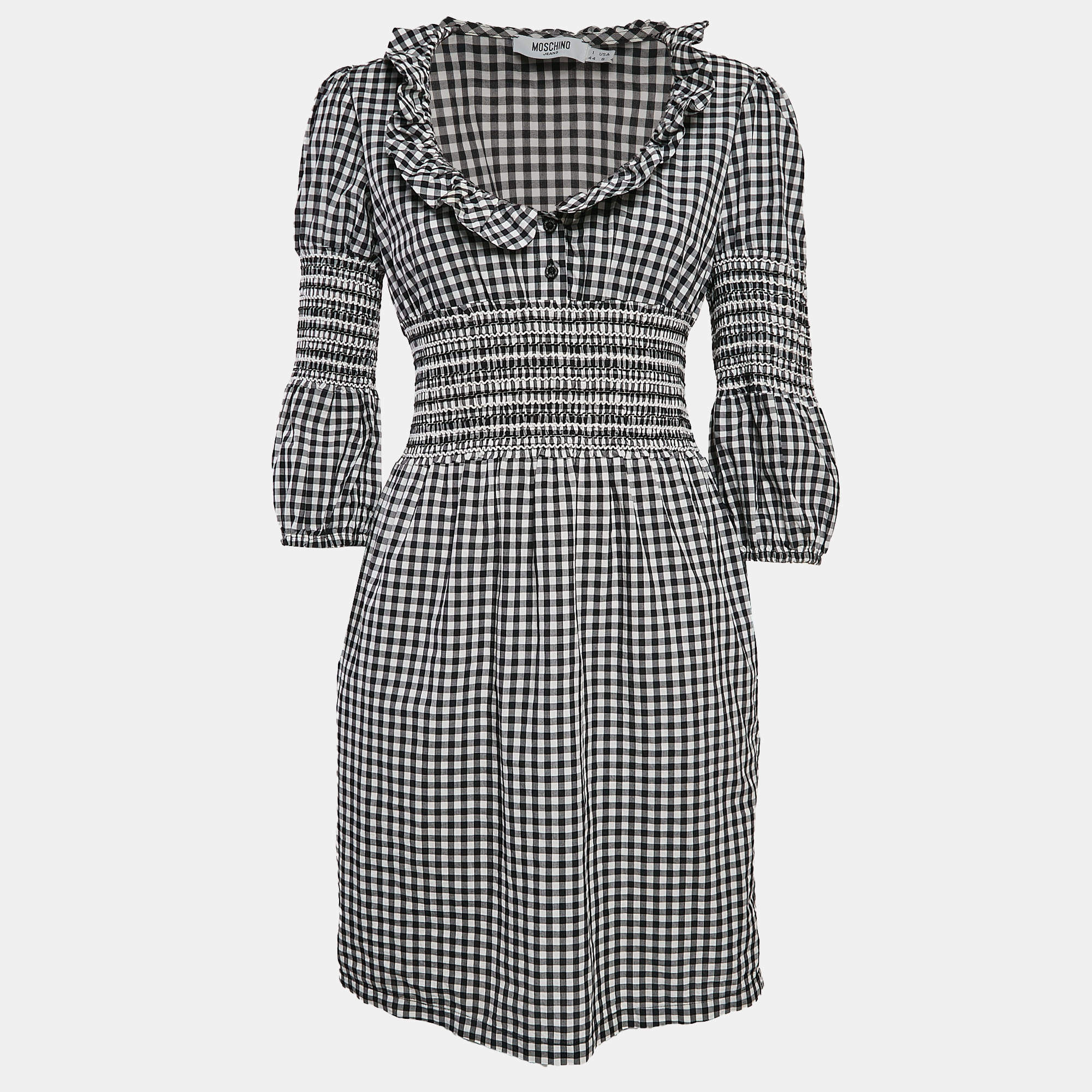 Pre Owned Moschino Jeans Black/White Gingham Cotton Smocked Mini Dress M