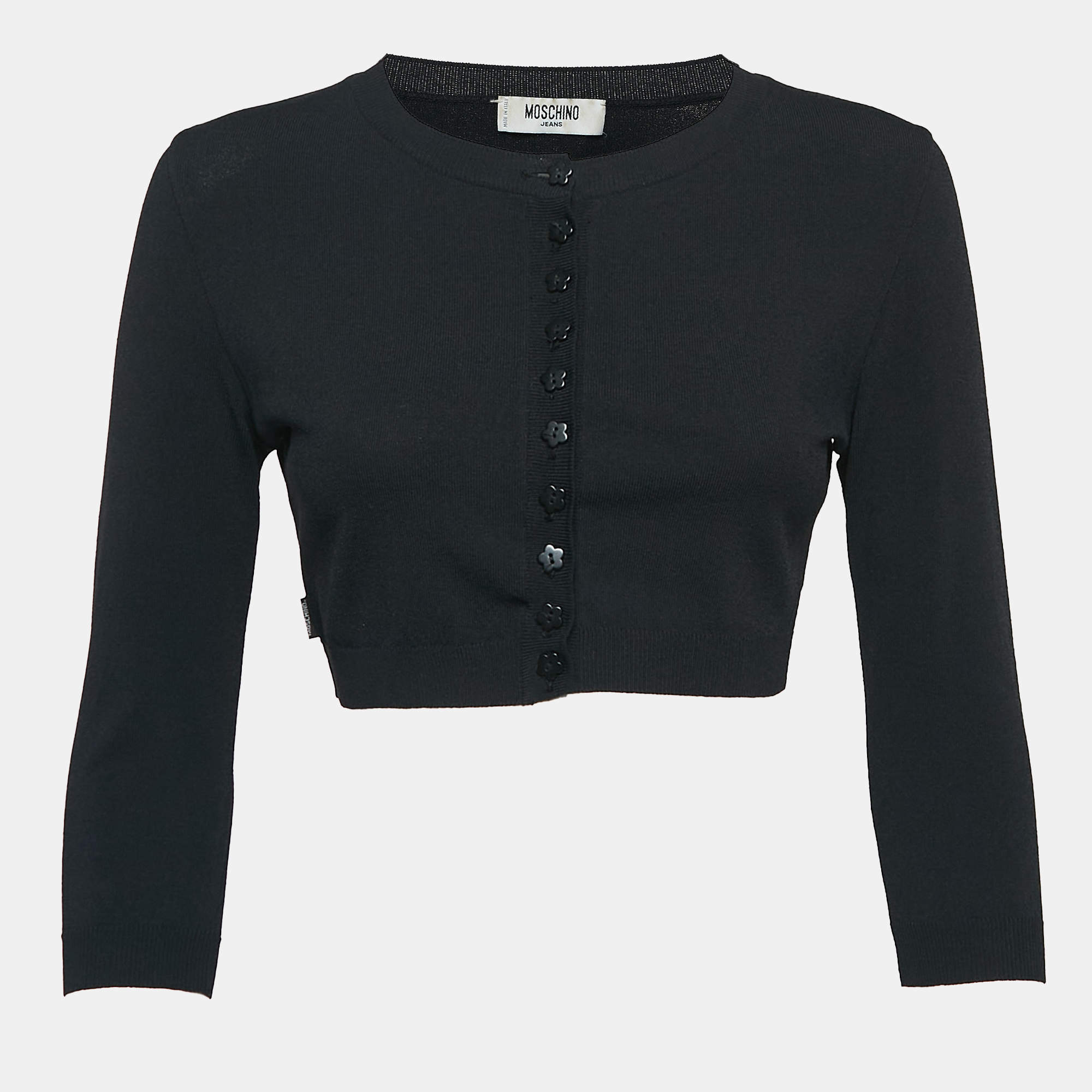 Moschino Jeans Black Stretch Knit Buttoned Crop Cardigan M