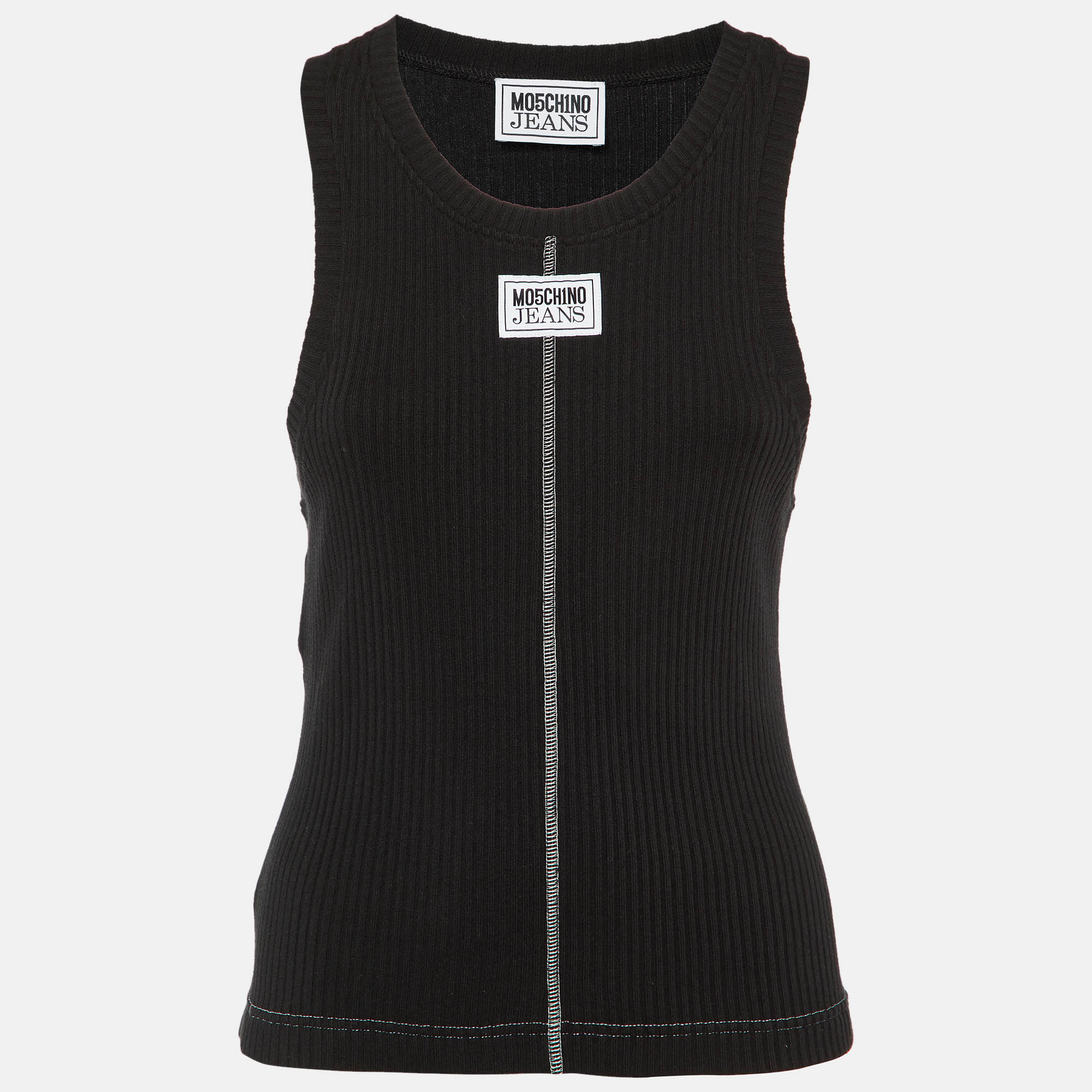 Moschino Black Logo Applique Rib Knit Tank Top L