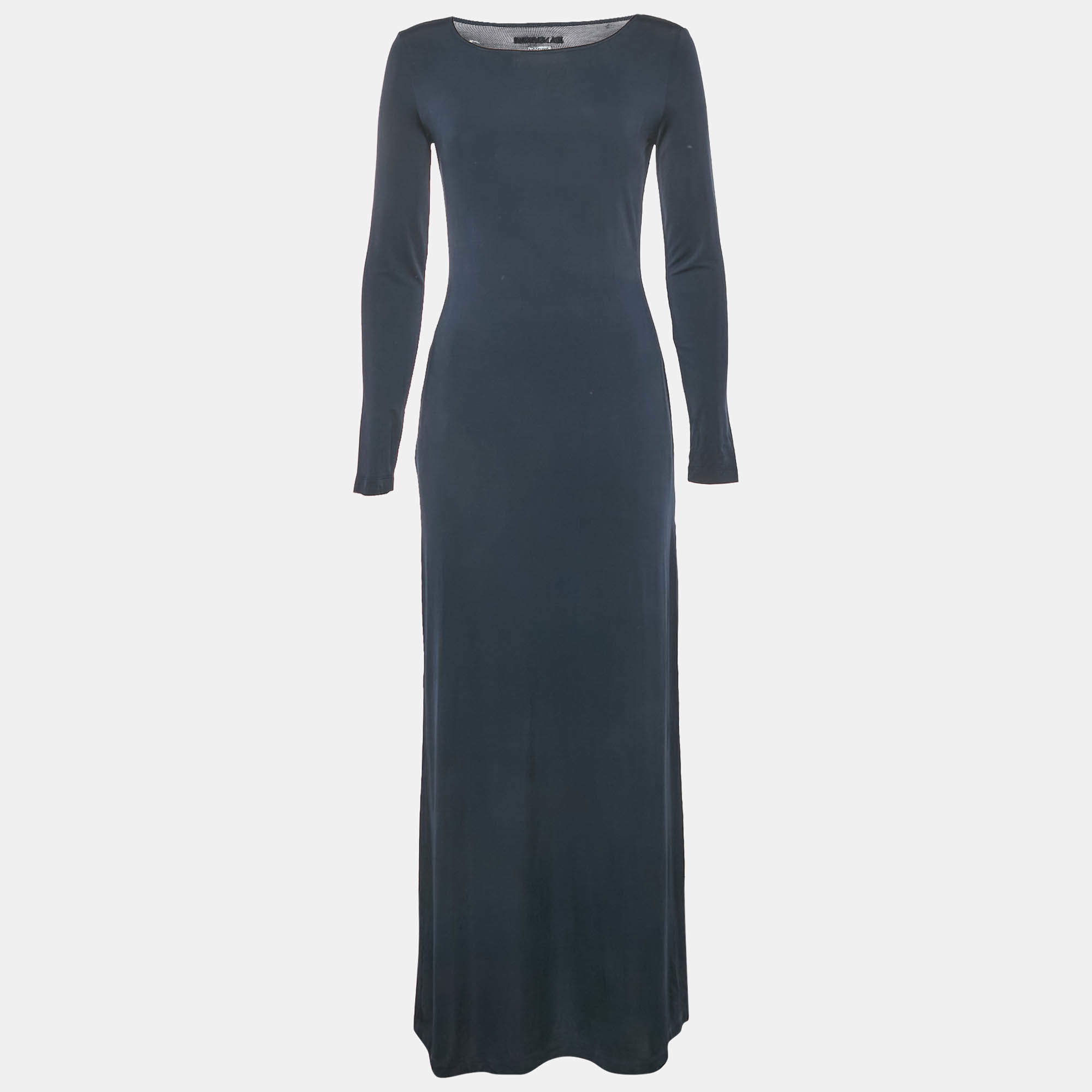 Pre Owned Moschino Jeans Navy Blue Jersey Side Slit Maxi Dress L