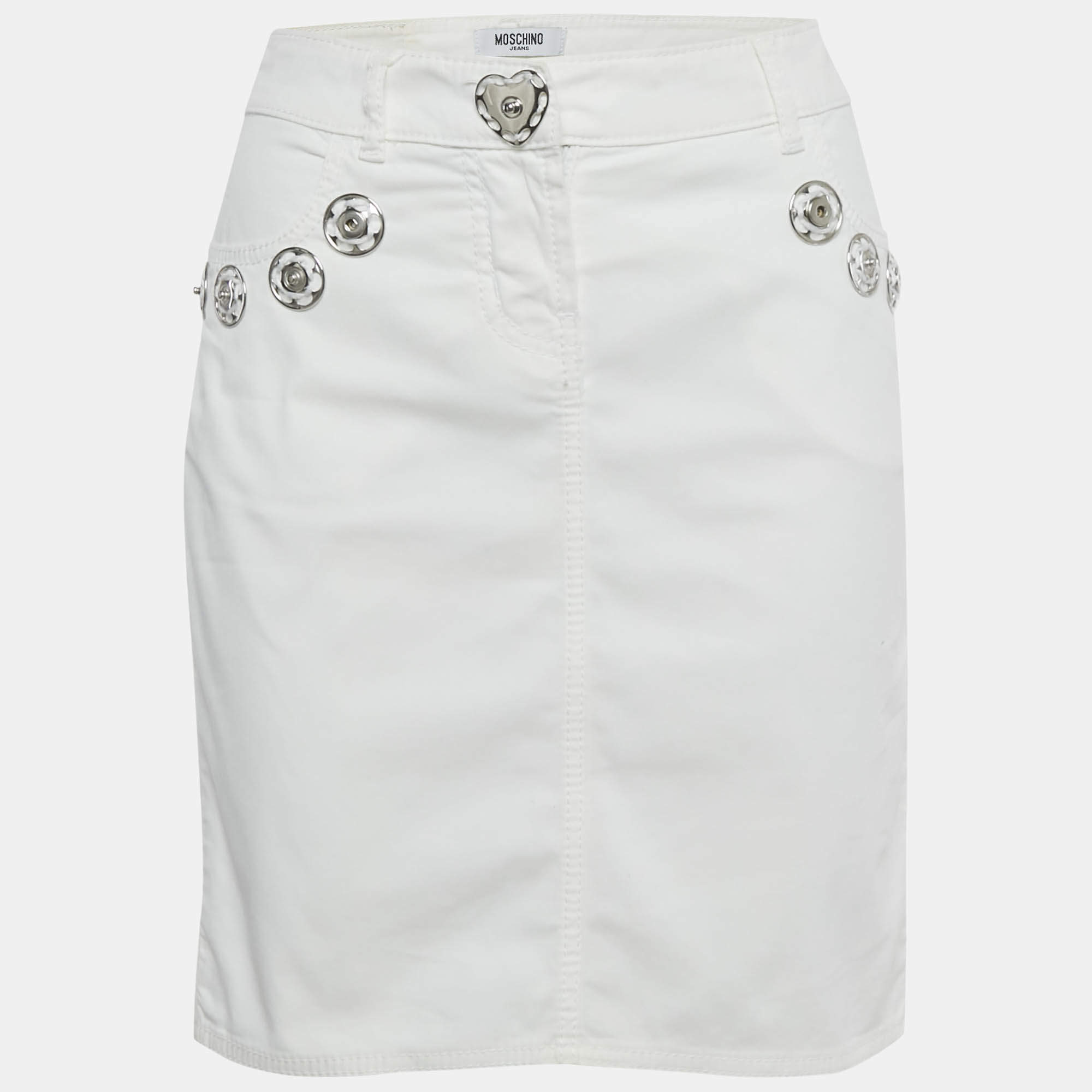 Pre Owned Moschino Jeans White Denim Button Detail Pencil Skirt M Waist 31"
