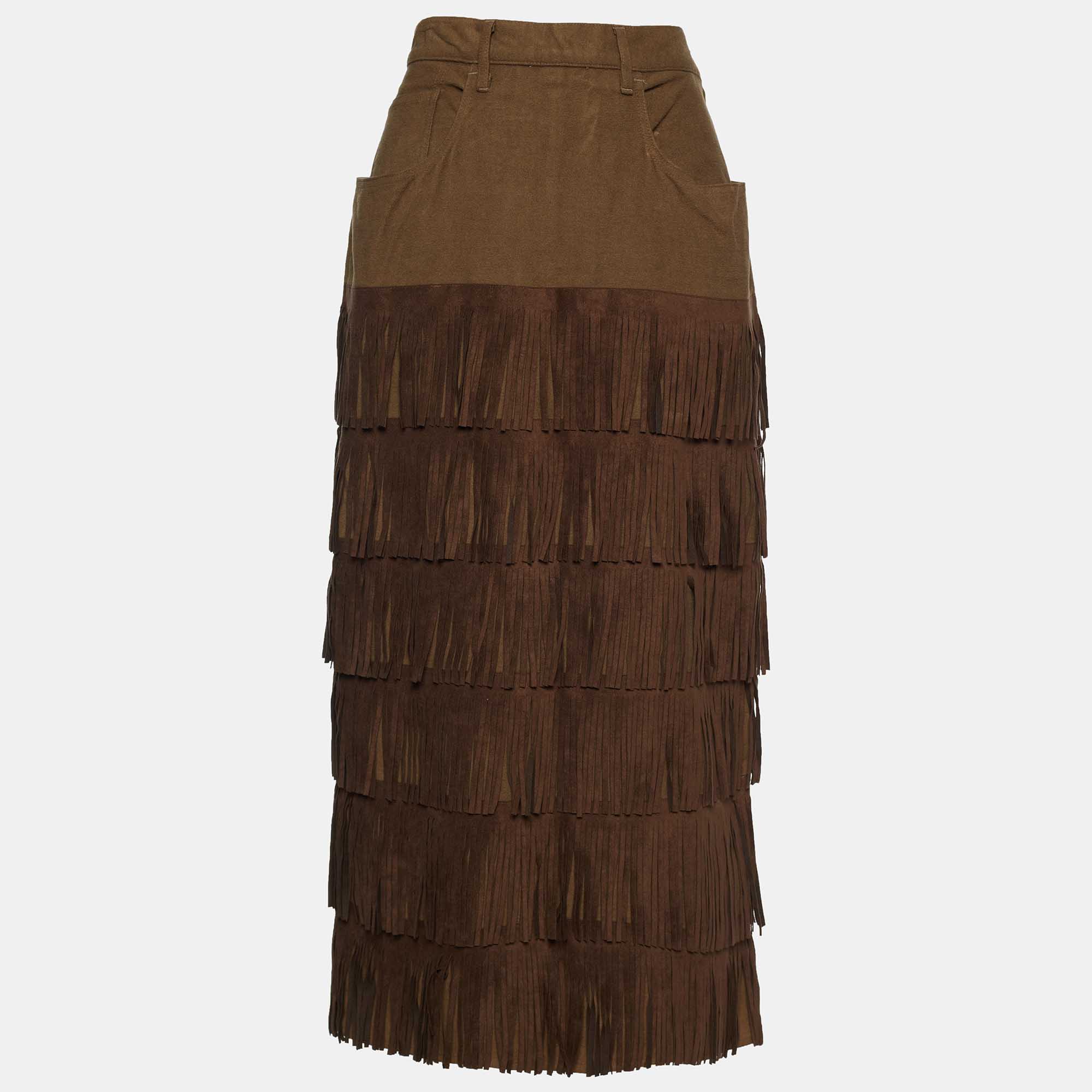 Moschino Jeans Tan Brown Tassel Tiered Midi Skirt L