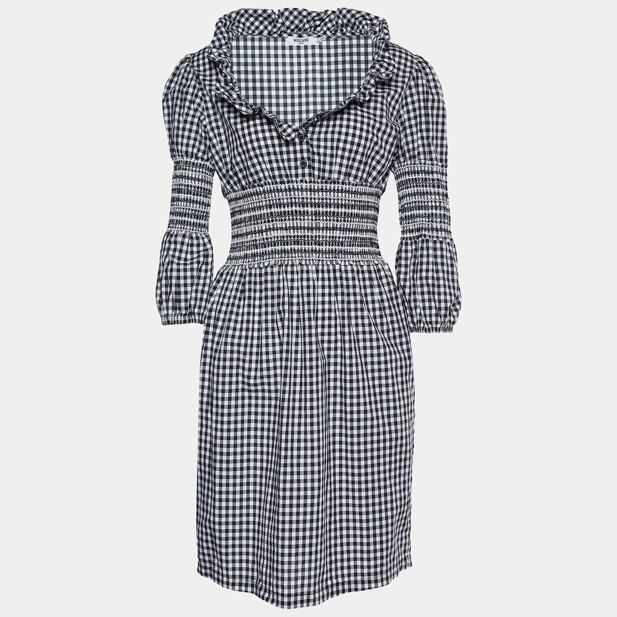 Pre Owned Moschino Jeans Monochrome Gingham Check Cotton Dress M