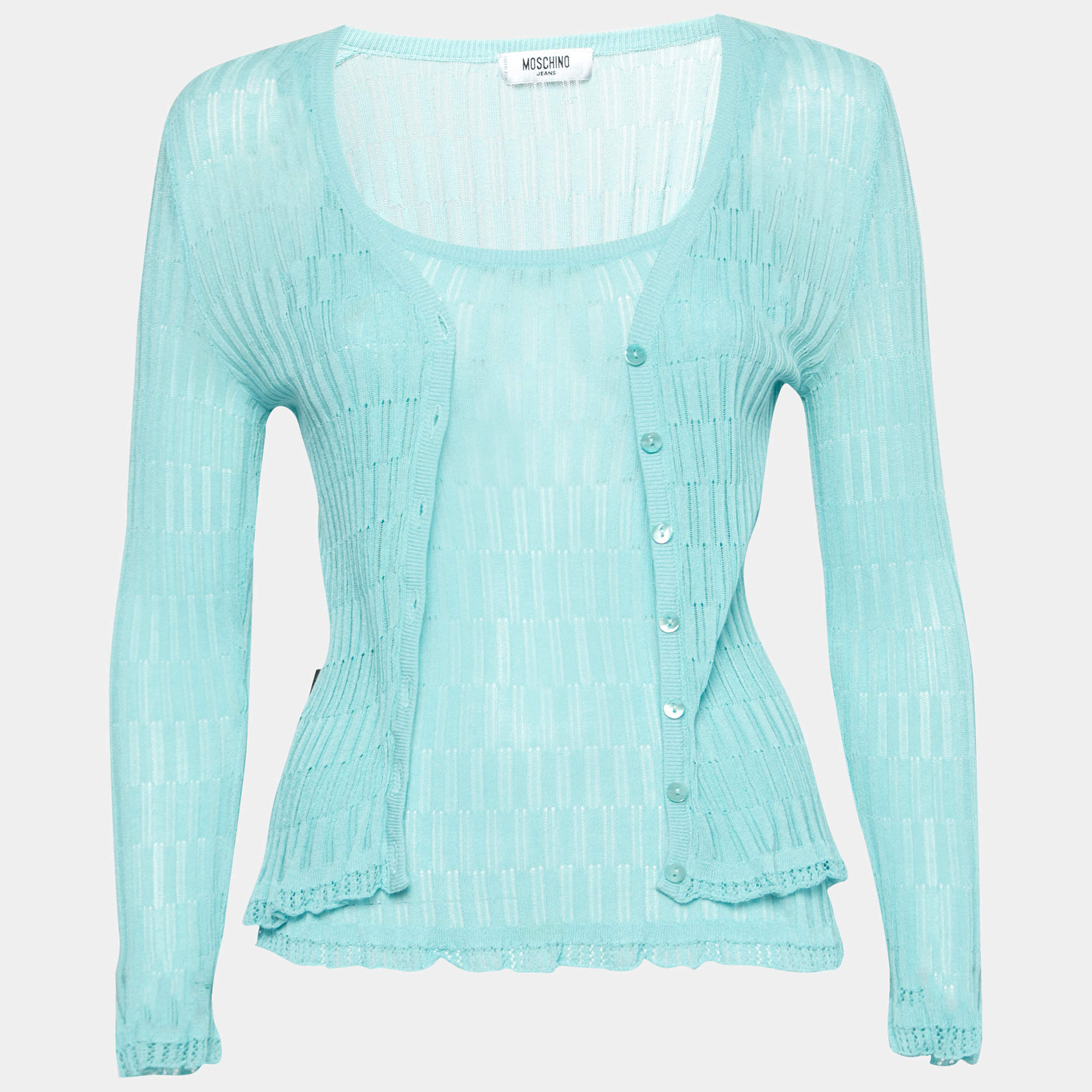 Pre Owned Moschino Jeans Blue Knit Sleeveless Top & Button Front Cardigan Set M