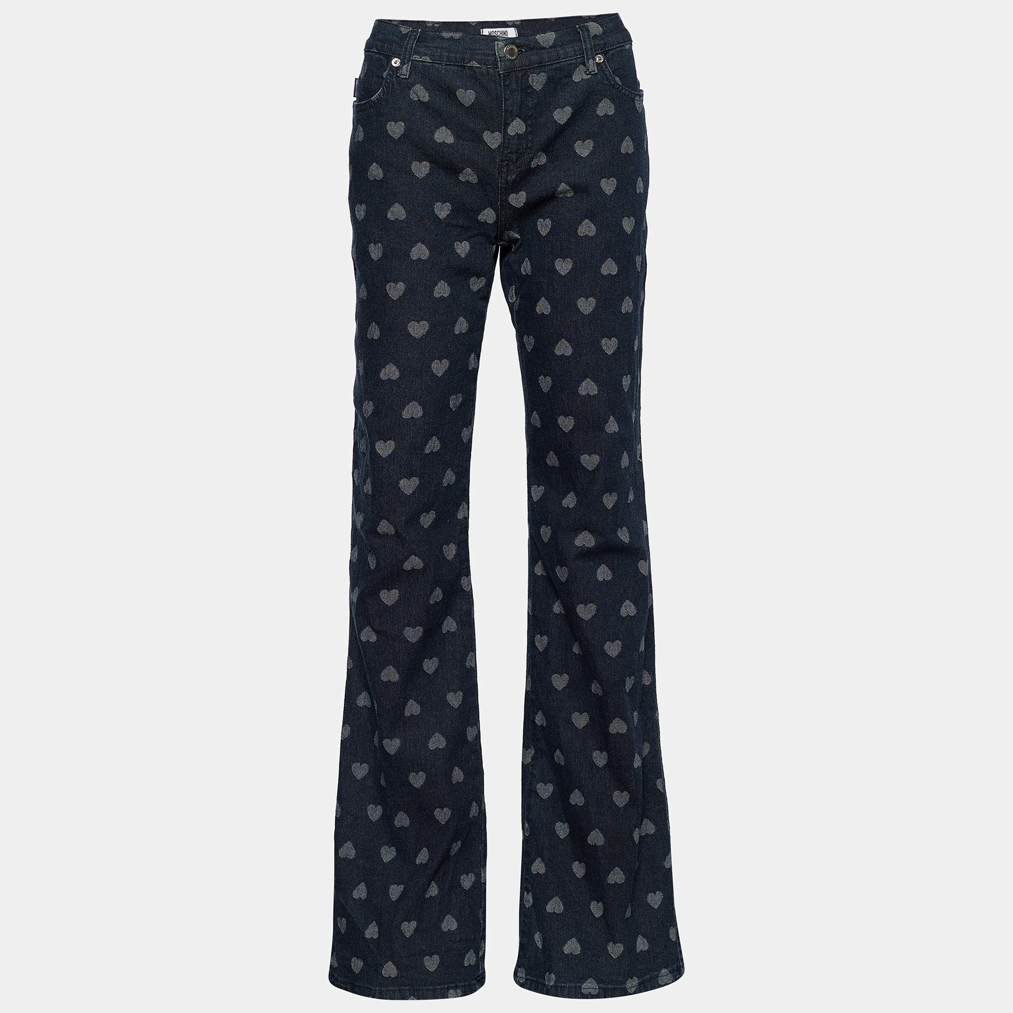 Pre Owned Moschino Jeans Vintage Dark Blue Heart Pattern Denim Boot Cut Jeans L Waist 32"