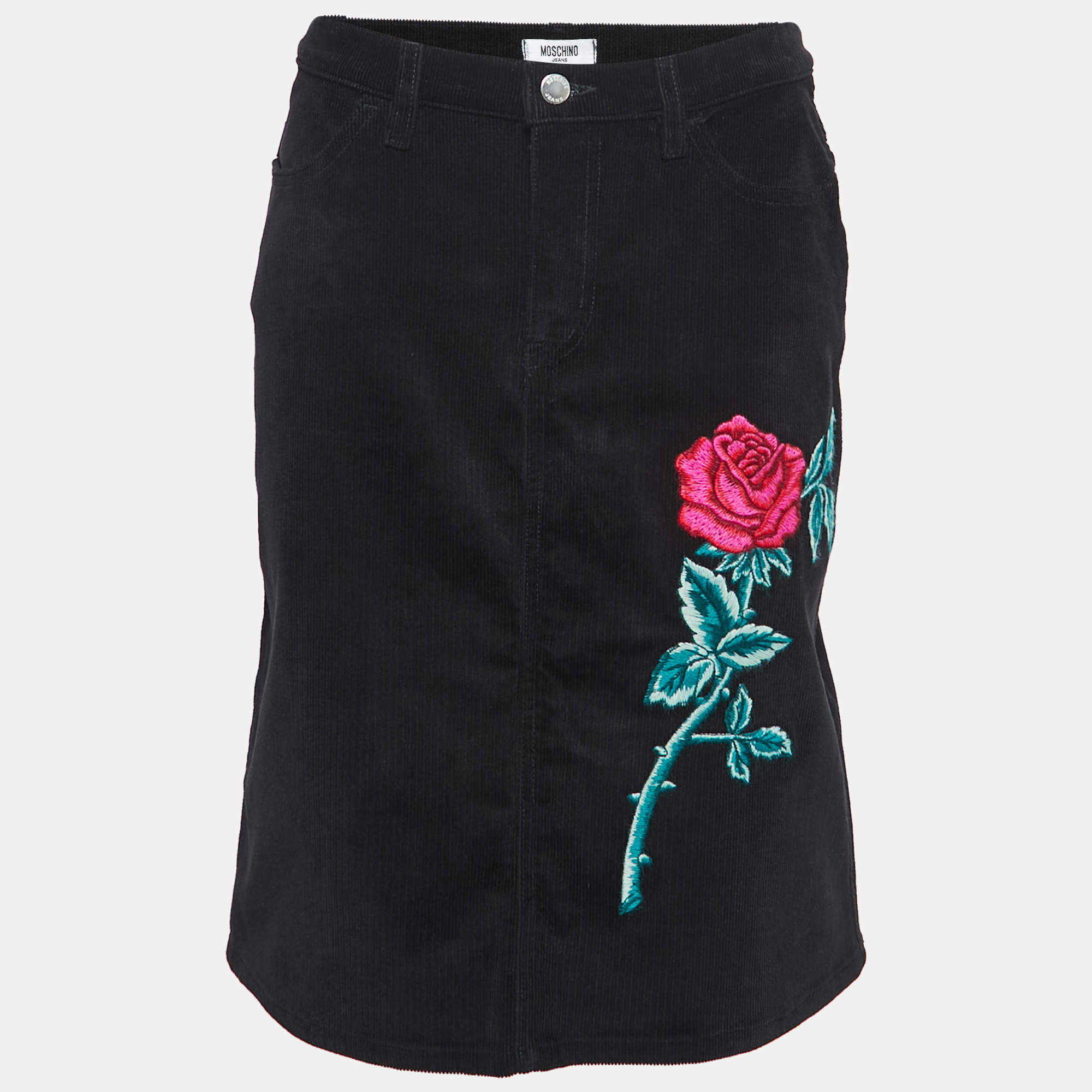 Moschino Jeans Black Flower Embroidered Corduroy Knee Length Skirt M