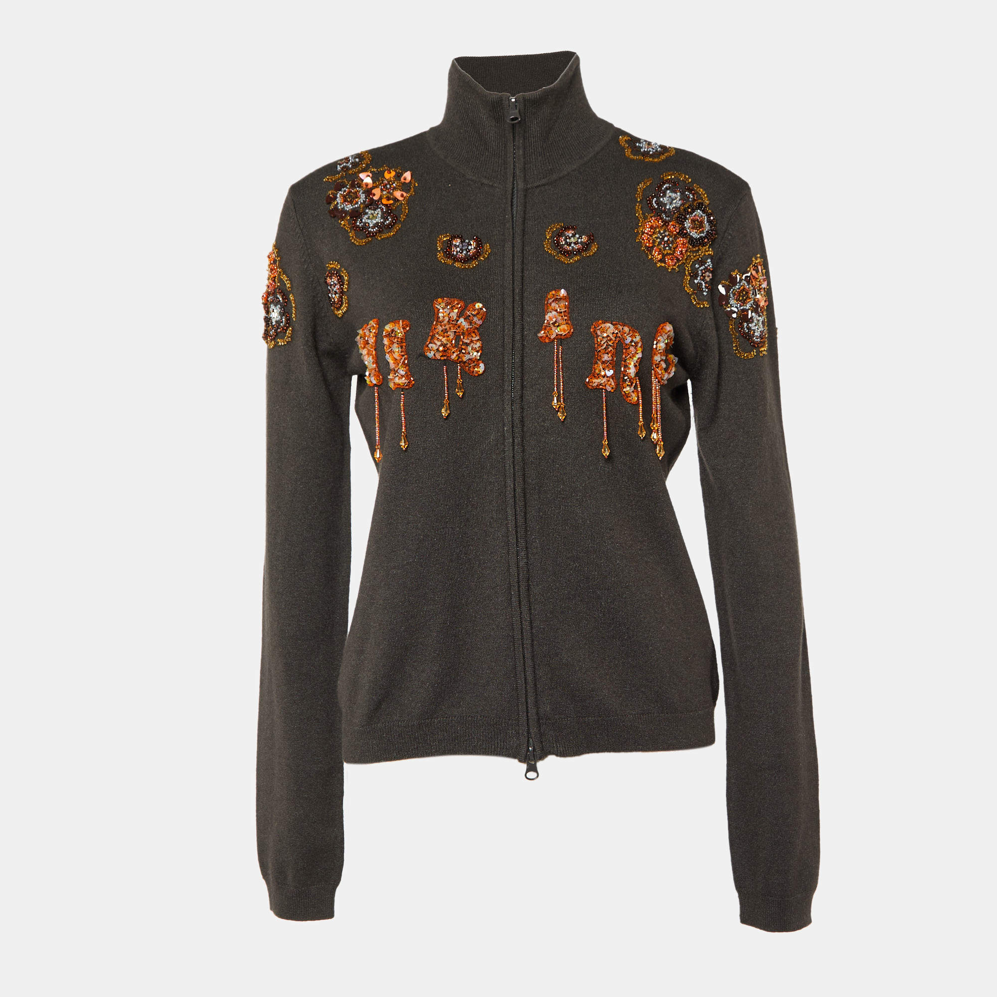 Pre Owned Moschino Jeans Grey Embellished Knit Zip Front High Neck Sweater L