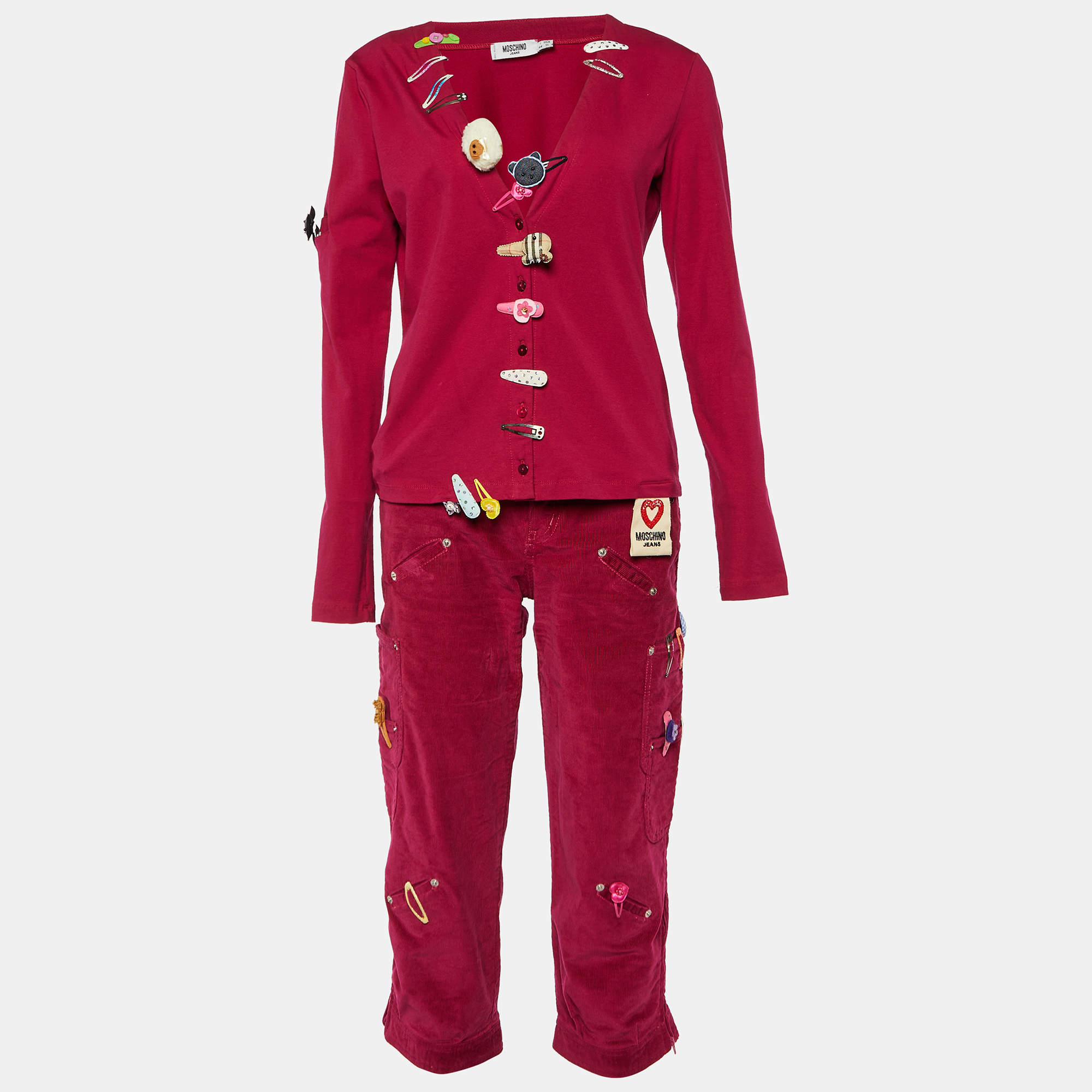Pre Owned Moschino Jeans Magenta Clips Detail Cotton Knit Cardigan & Corduroy Capri Pants M