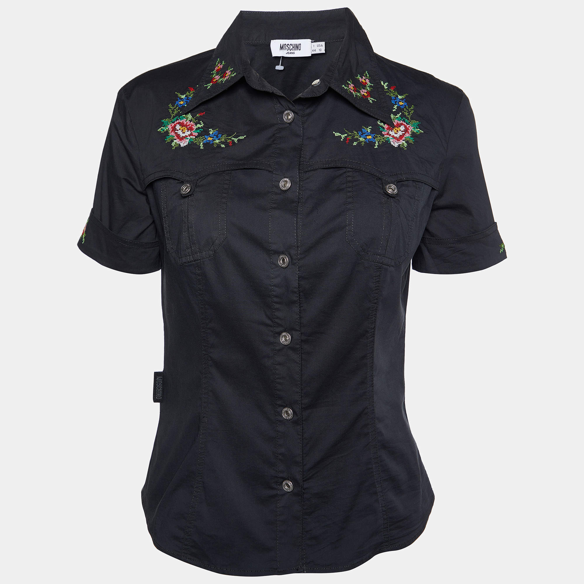 Pre Owned Moschino Jeans Black Cotton Embroidered Detail Button Front Shirt M