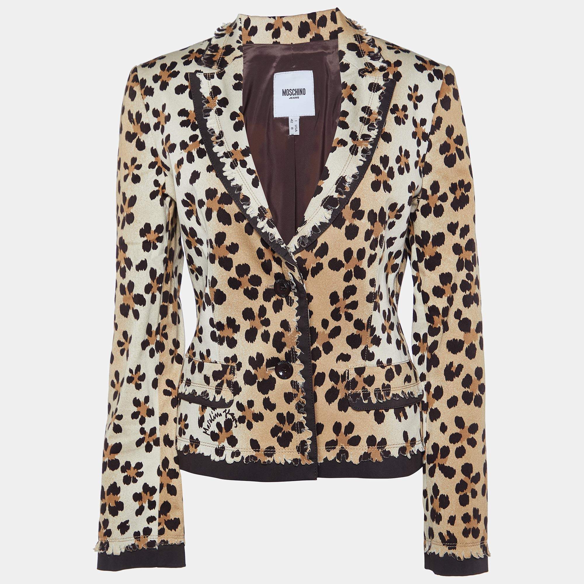 Pre Owned Moschino Jeans Brown/Beige Animal Printed Cotton Blazer M