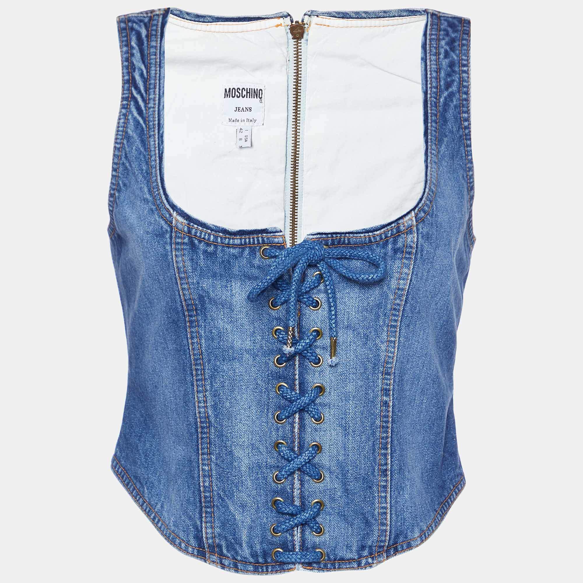 Moschino Jeans Blue Denim Lace-Up Corset Top M