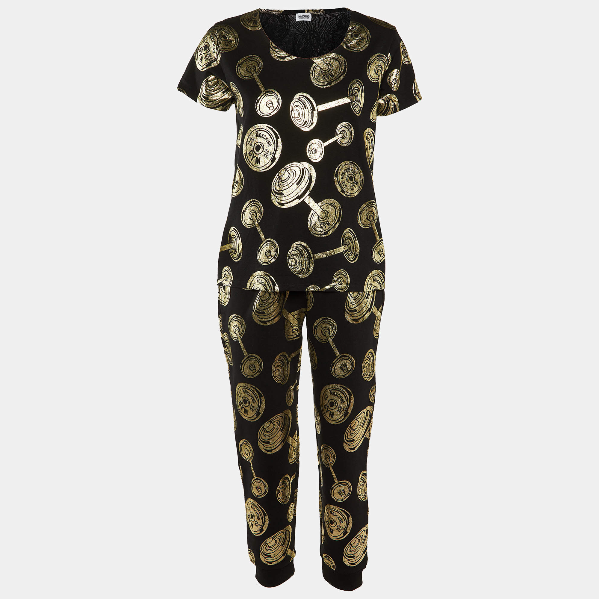 Moschino Underwear Black Gym Print Cotton Jersey Top and Trouser Set L