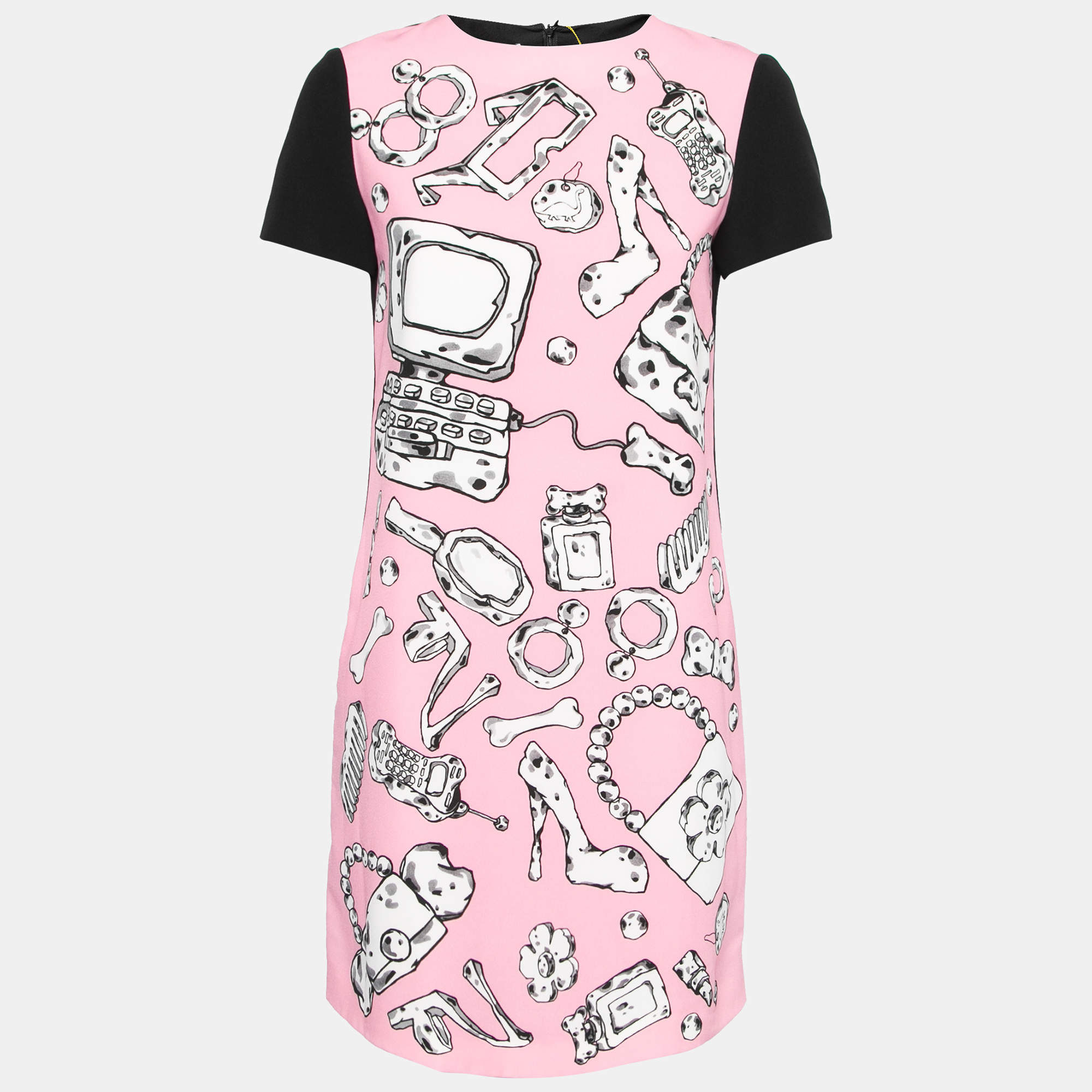 Pre Owned Moschino Cheap and Chic Pink Crepe Flinstone Printed Detail Dress S