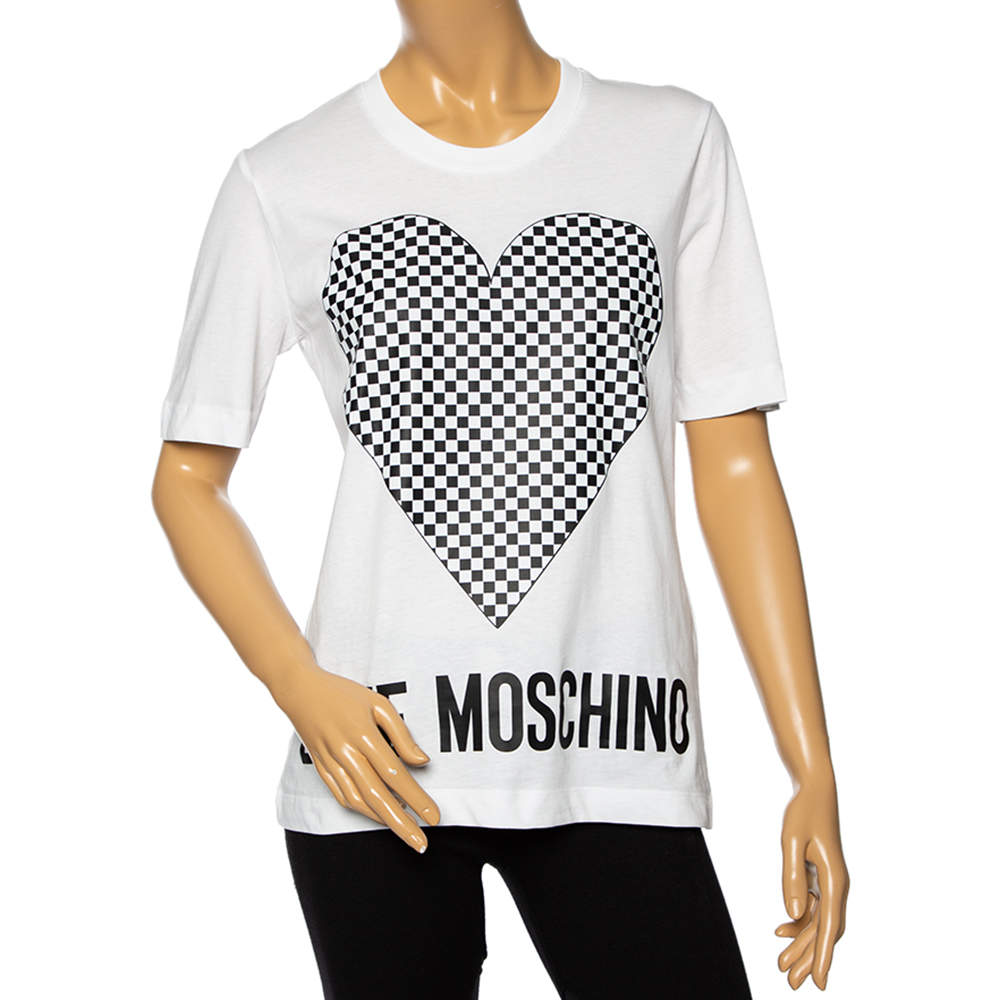 Love Moschino White Cotton Checkered Heart Printed Crewneck T-Shirt M