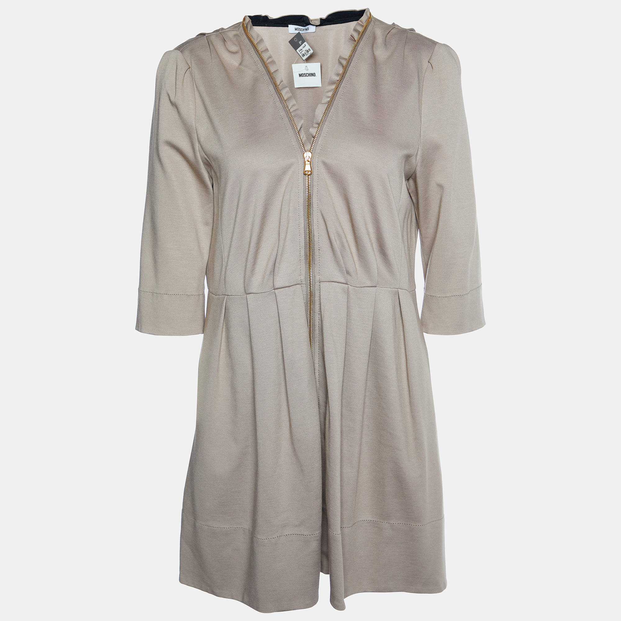 Pre Owned Moschino Beige Knit Zip Front Mini Dress L