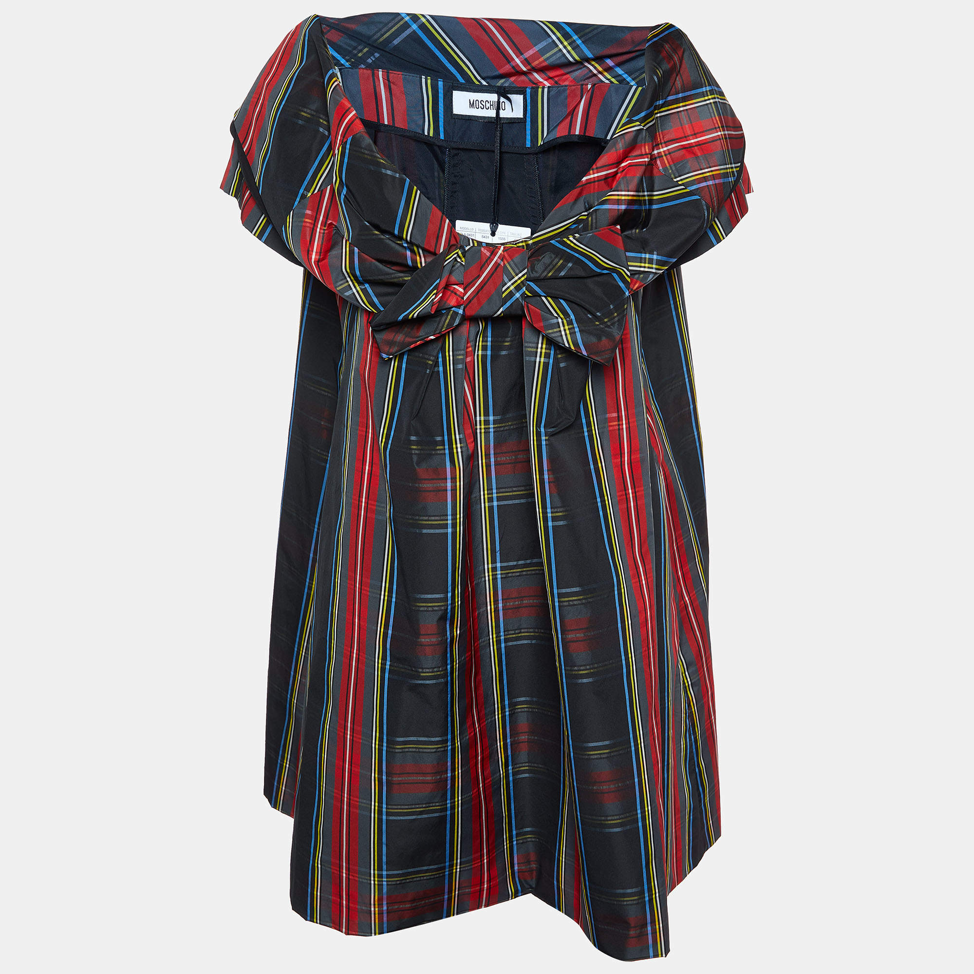 Moschino Multicolor Plaided Silk Blend Bow Detail Mini Dress M