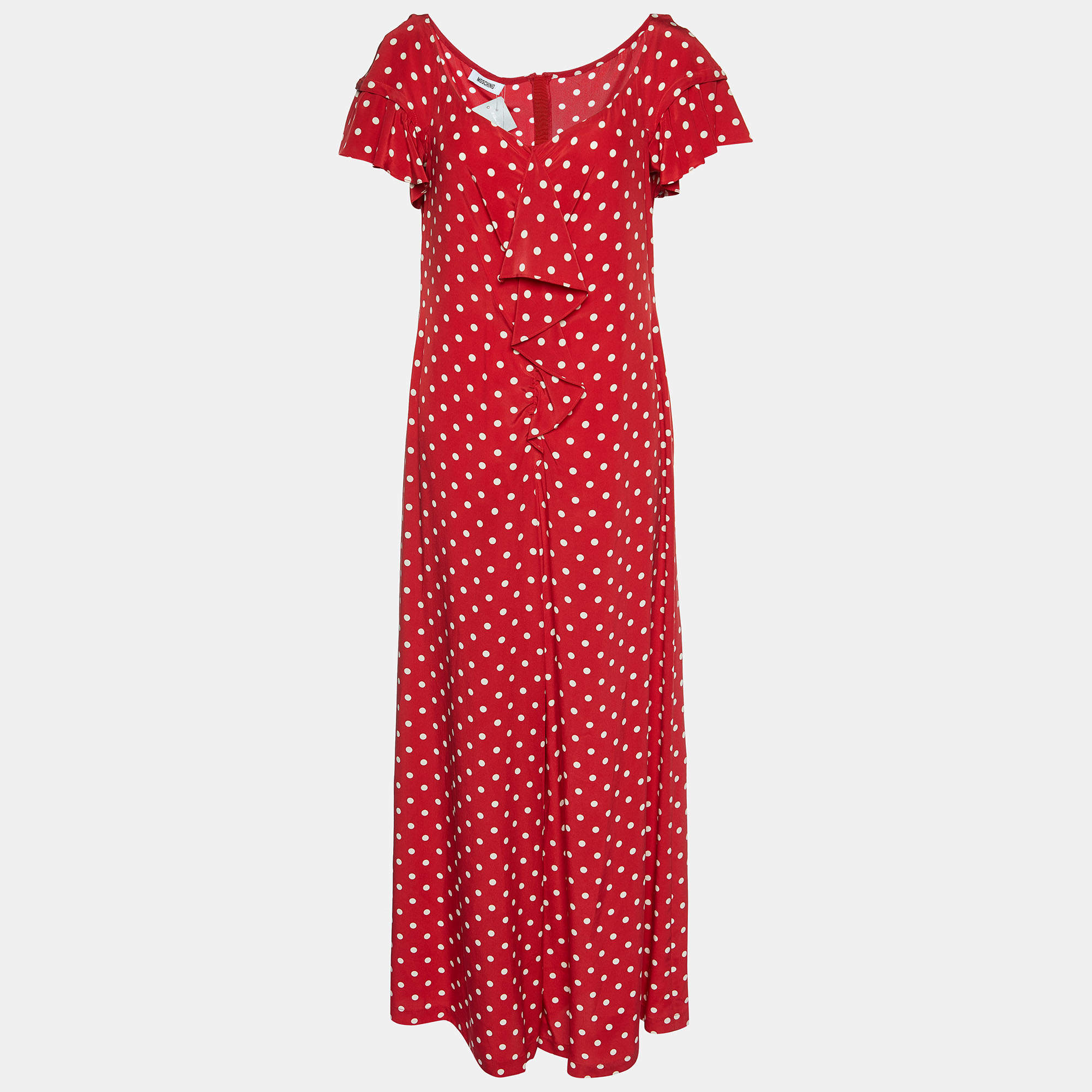 Moschino Red Polka Dot Printed Silk Ruffle Detail Jumpsuit L