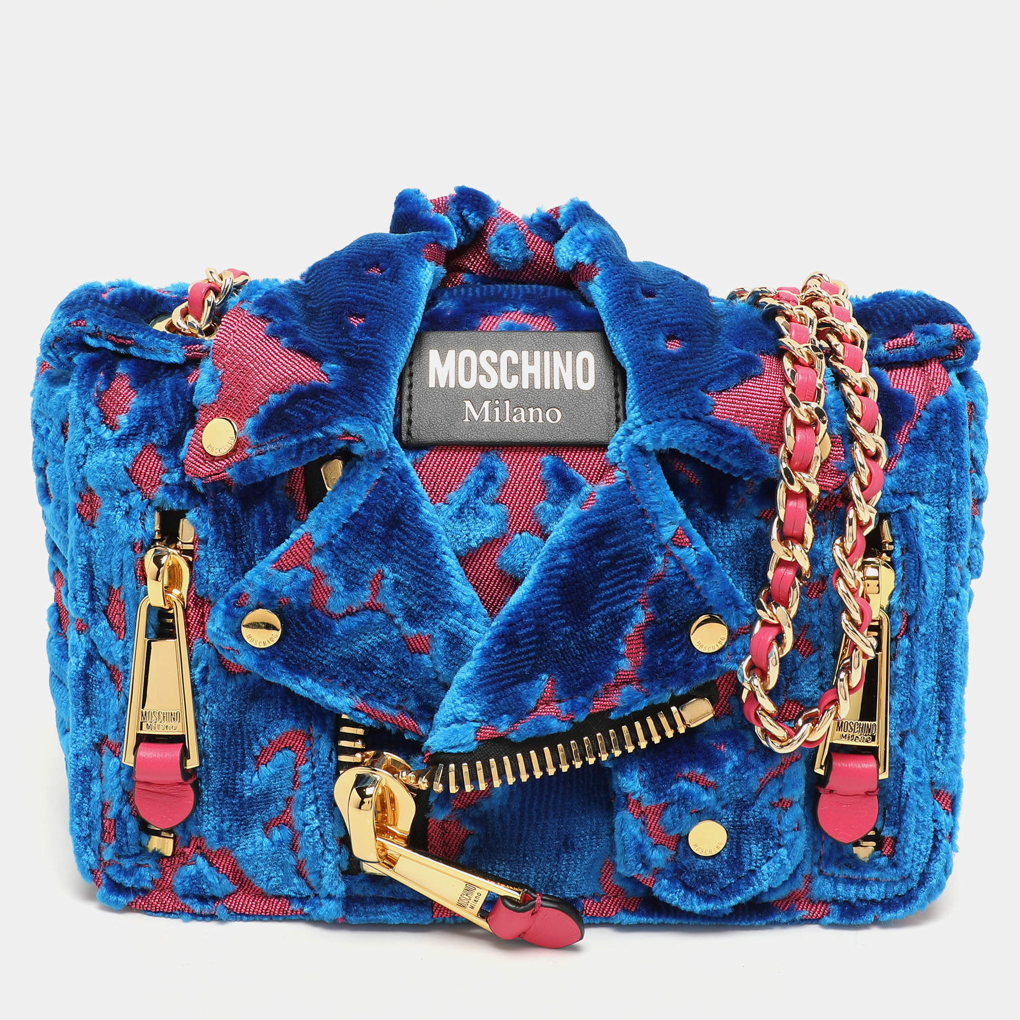Pre Owned Moschino Blue/Pink Brocade Velvet Biker Shoulder Bag