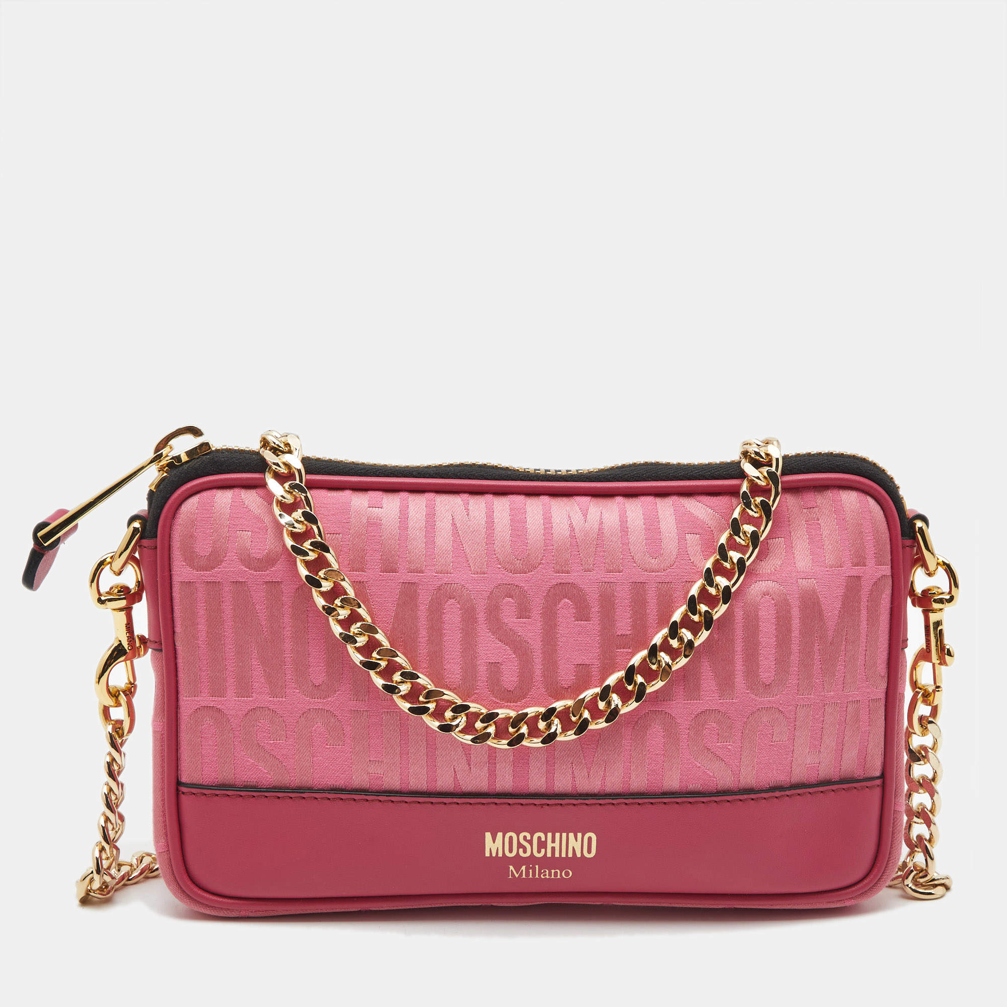Pre Owned Moschino Fuchsia Logo Jacquard Fabric Chain Clutch