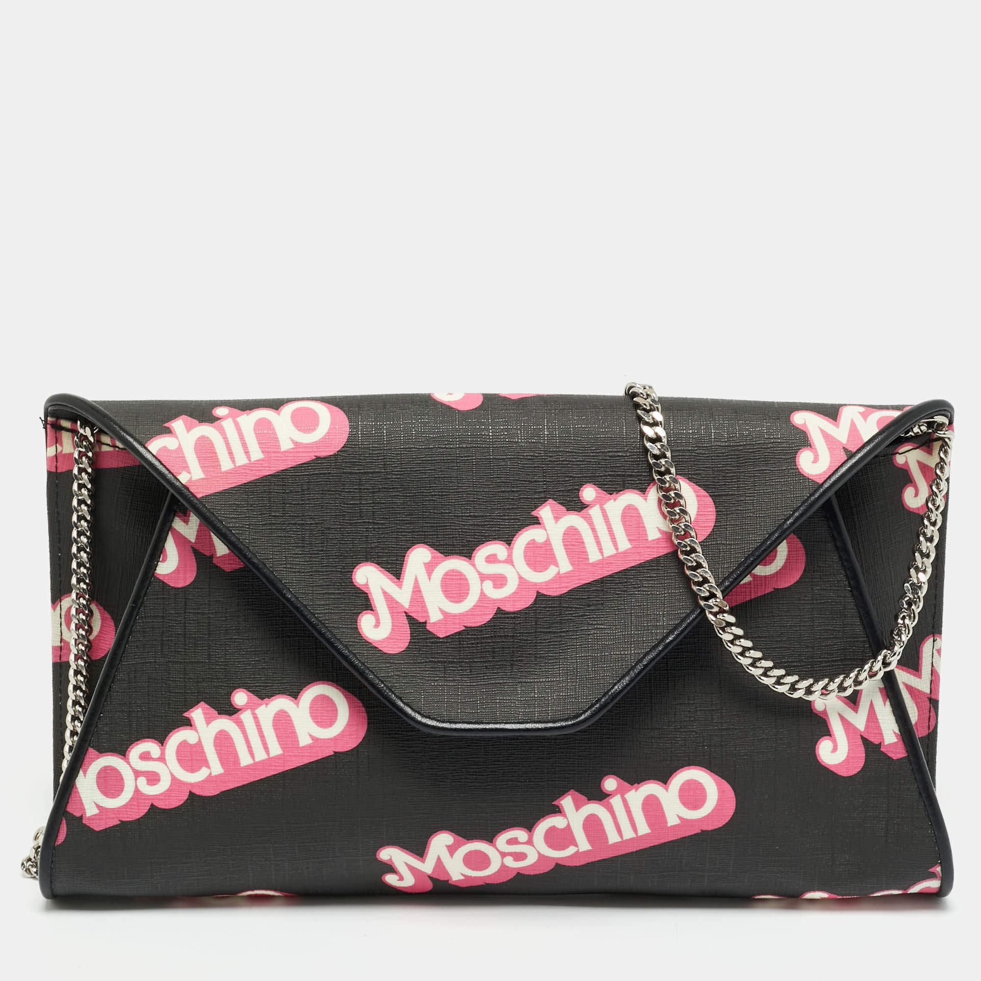 Pre Owned Moschino Barbie Black/Pink Coated Canvas Chain Clutch