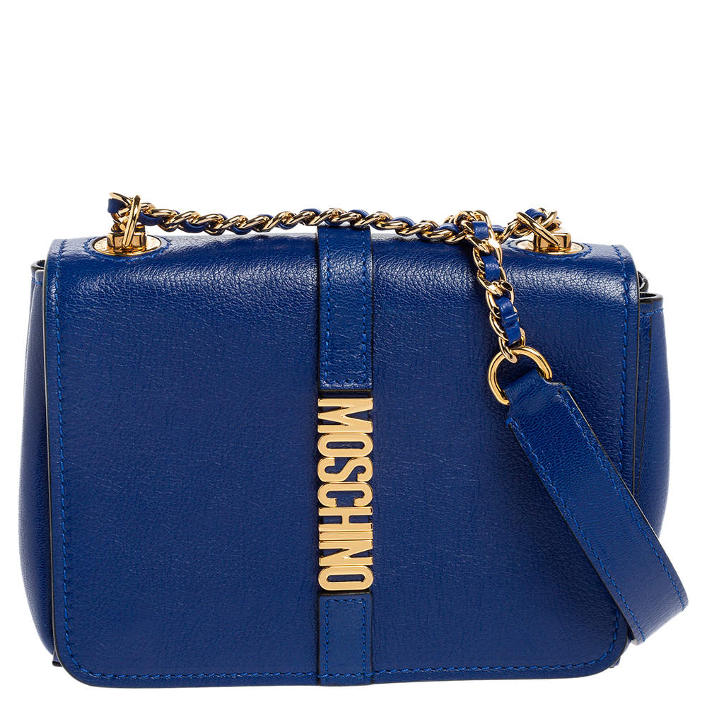 Moschino Blue Leather Logo Flap Shoulder Bag