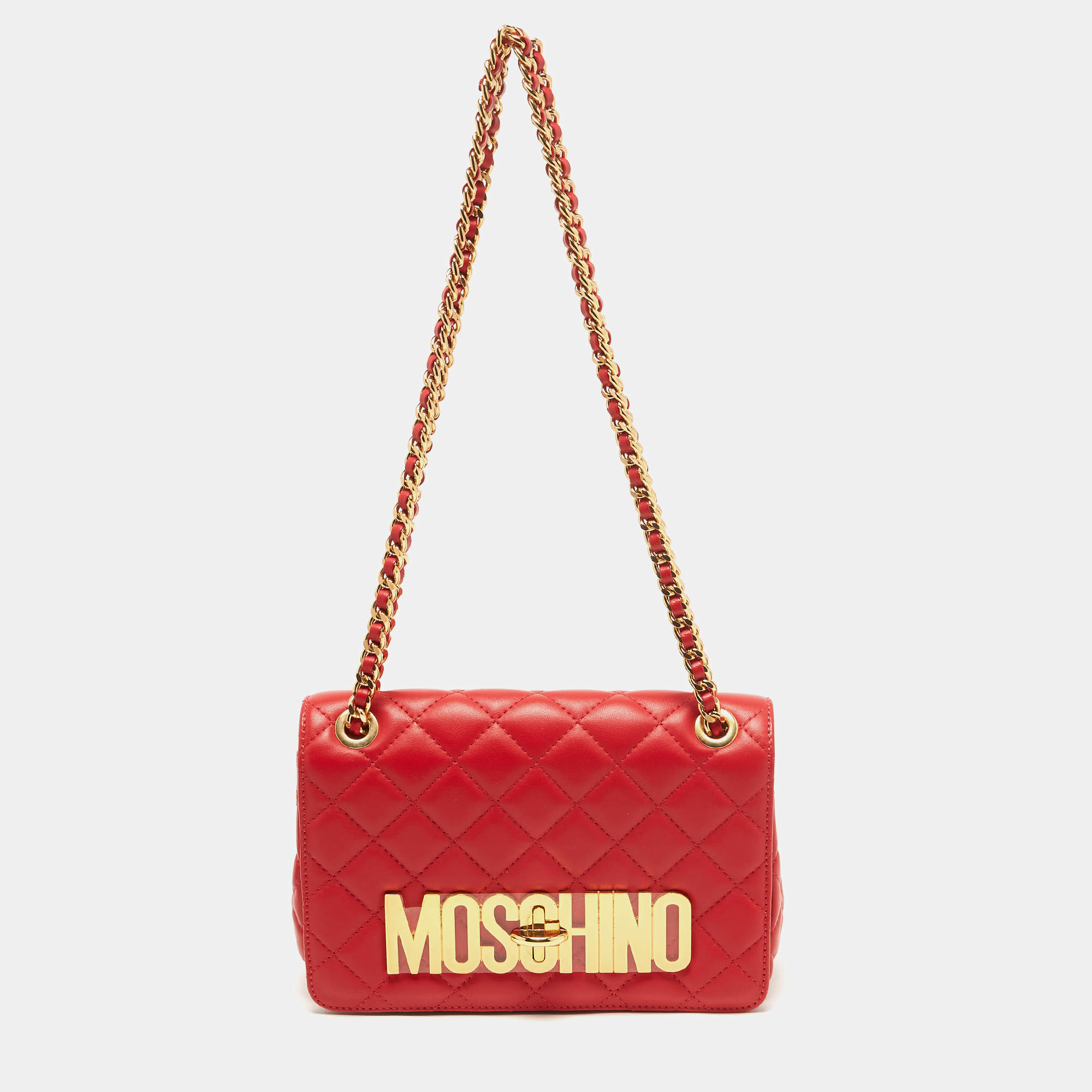 Pre Owned Moschino Red Quilted Leather Classic Logo Flap Shoulder Bag