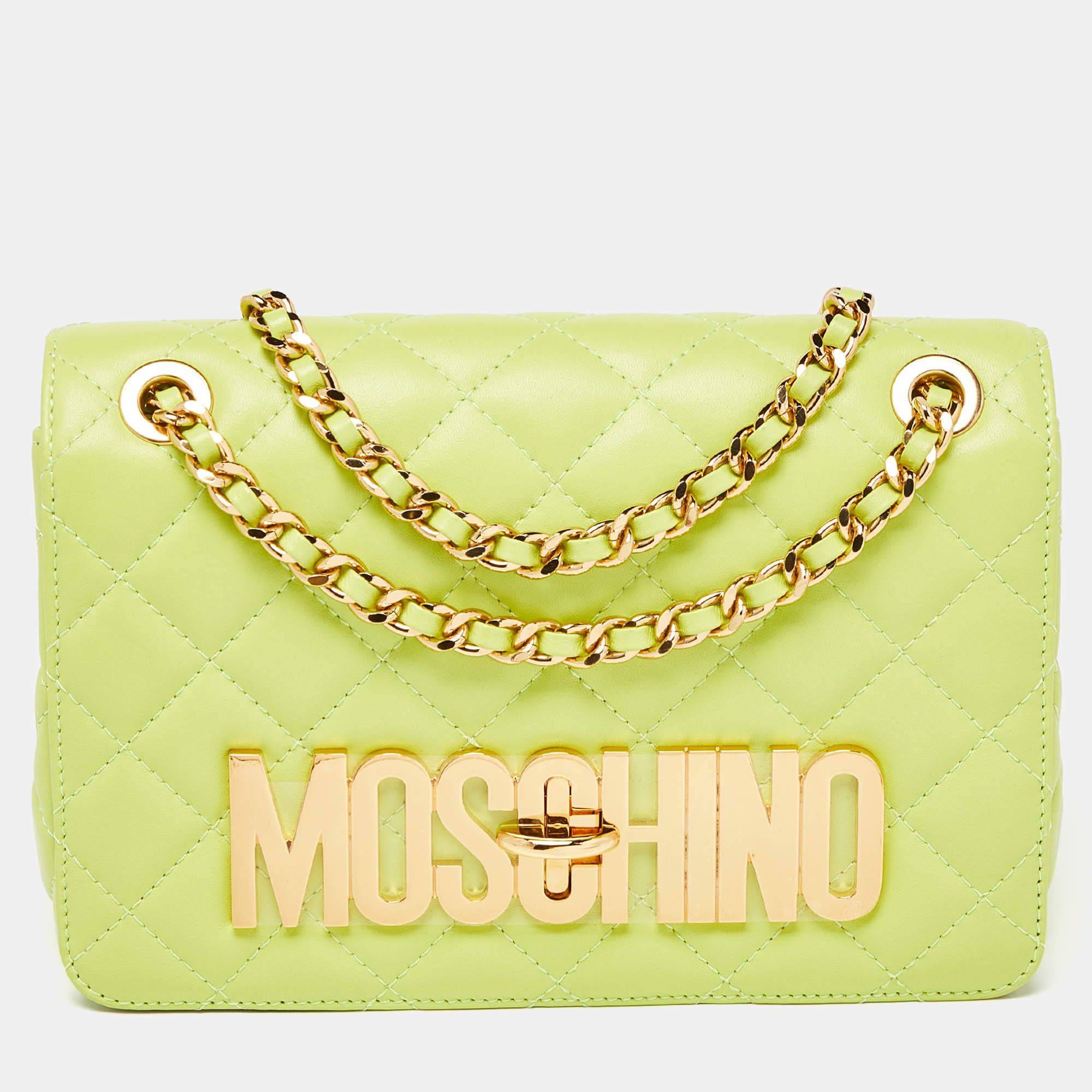 Moschino Neon Green Quilted Leather Classic Logo Flap Shoulder Bag