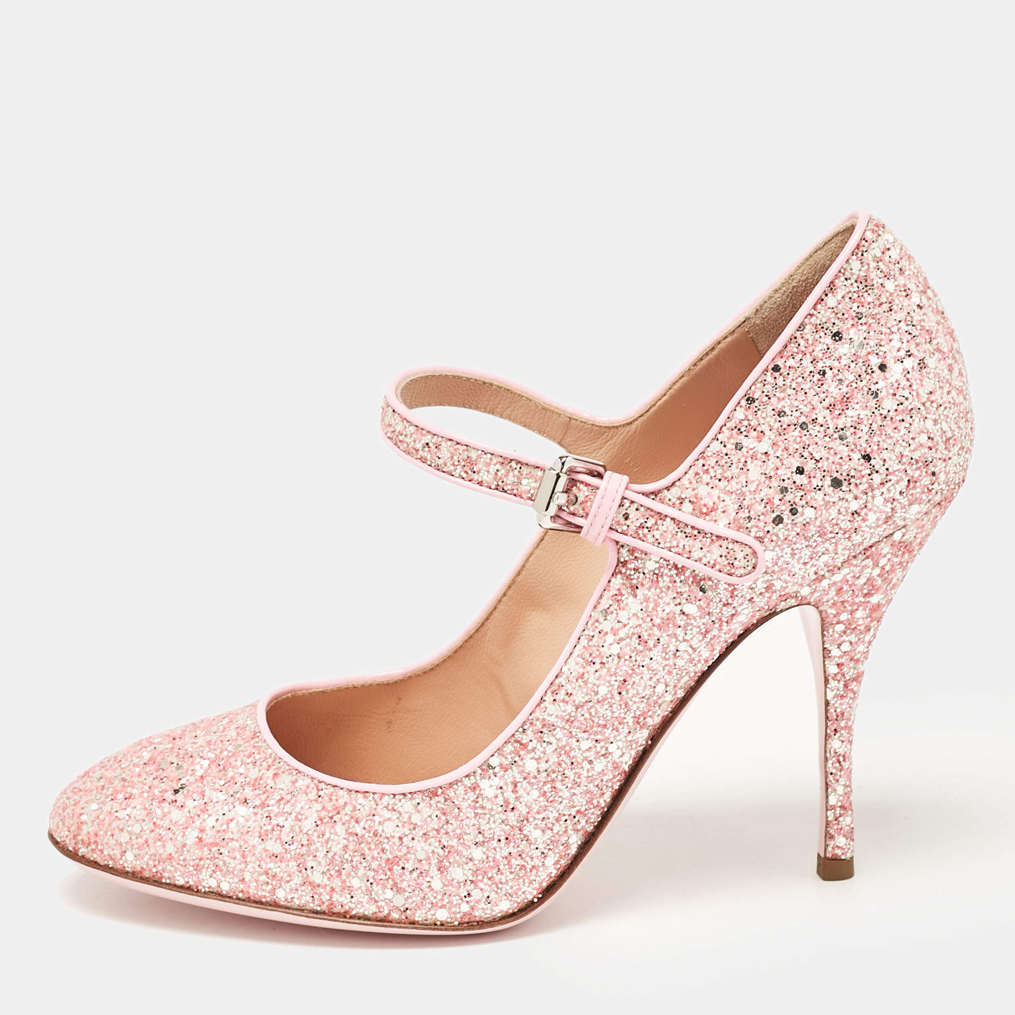 Moschino Pink Glitter and Patent Leather Mary Jane Pumps Size 38