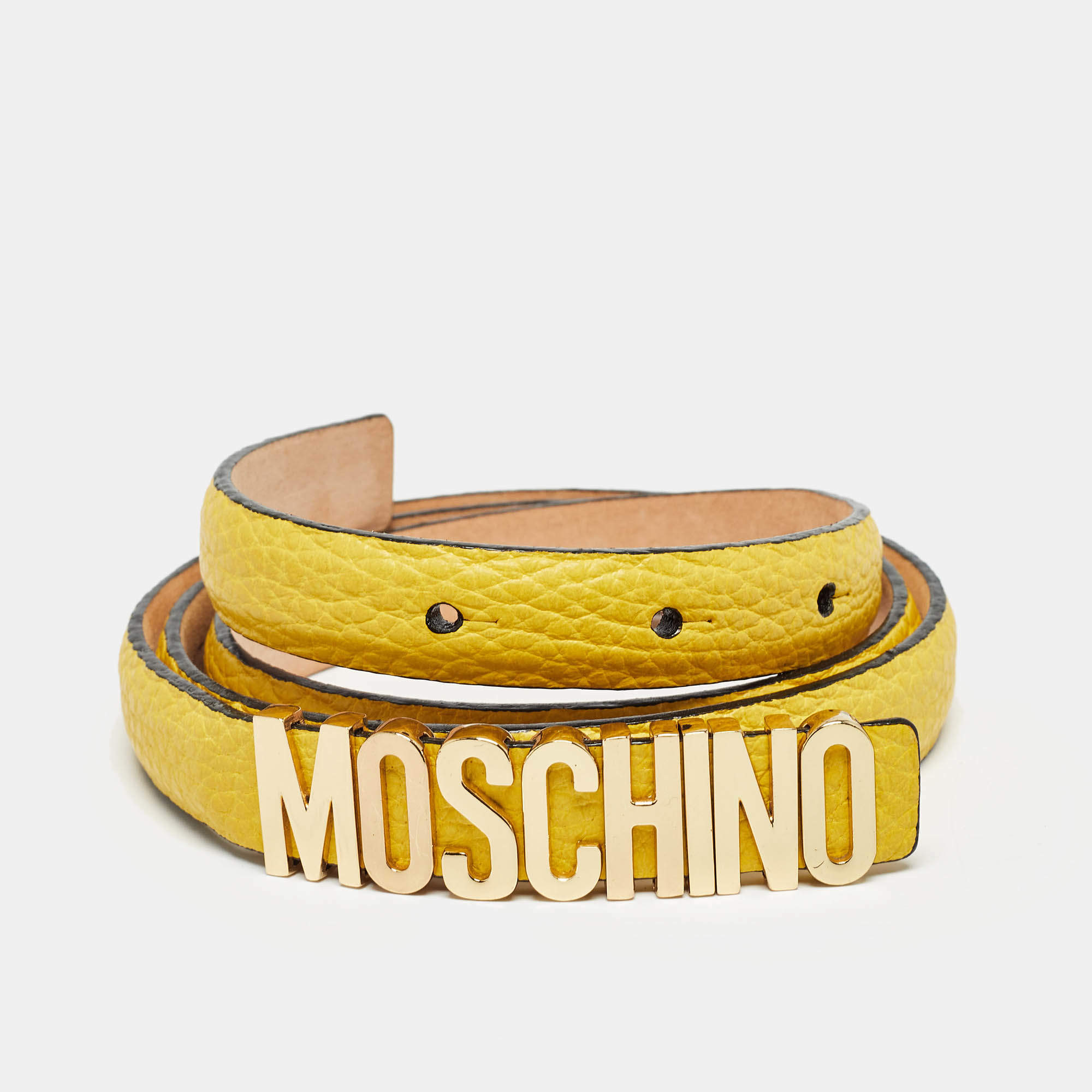 Pre Owned Moschino Yellow Leather Logo Slim Belt 100 CM