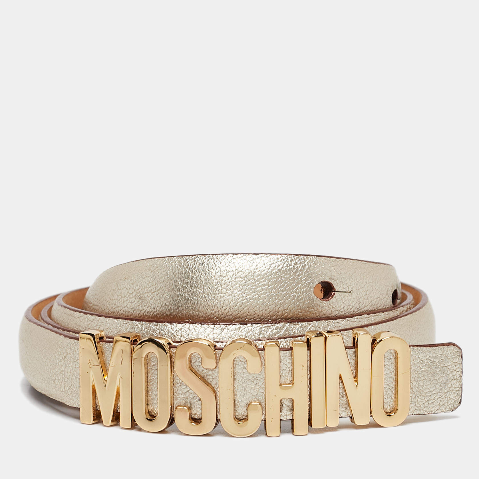 Pre Owned Moschino Gold Leather Classic Logo Slim Belt 95 CM