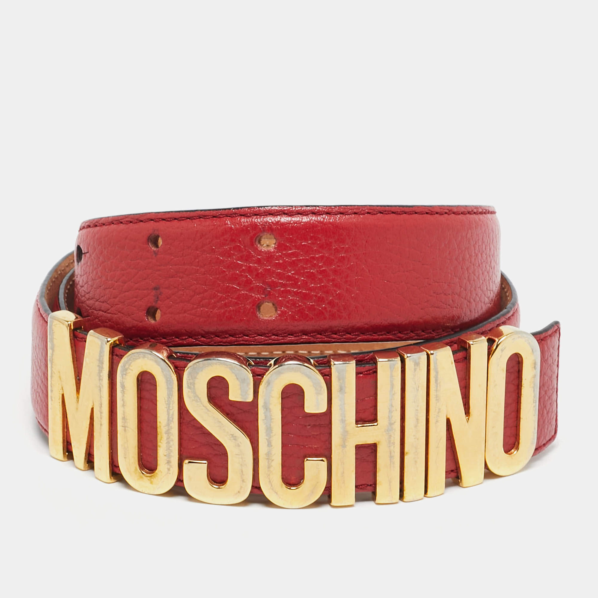 Moschino Red Leather Classic Logo Waist Belt