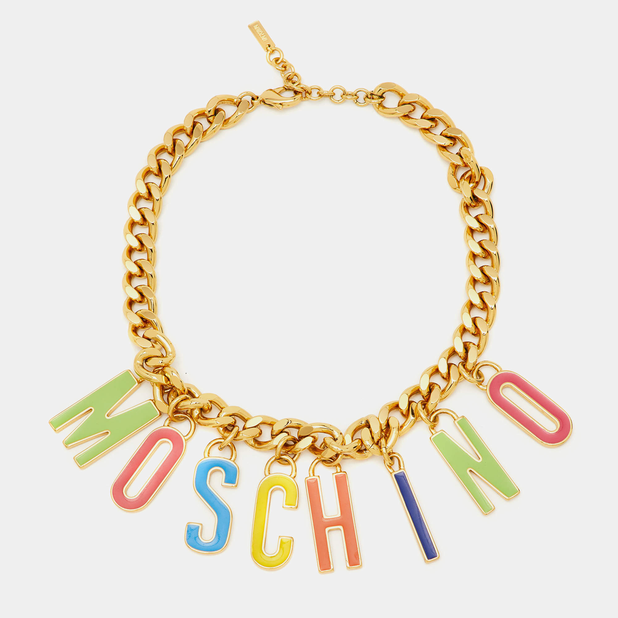 Pre Owned Moschino Multicolor Enameled Logo Charms Curb Gold Tone Chain Necklace