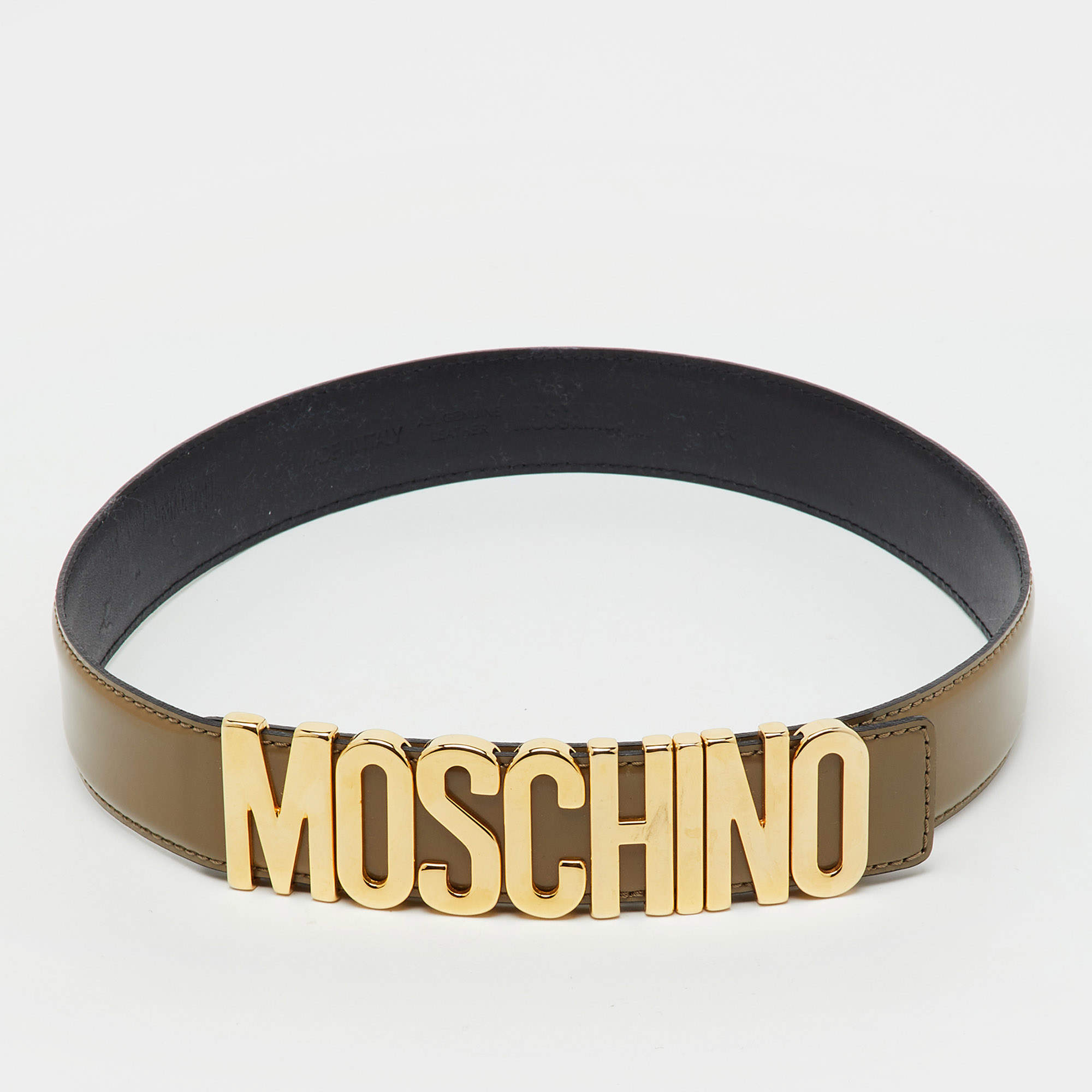Pre Owned Moschino Khaki Brown Glossy Leather Classic Logo Belt 75CM