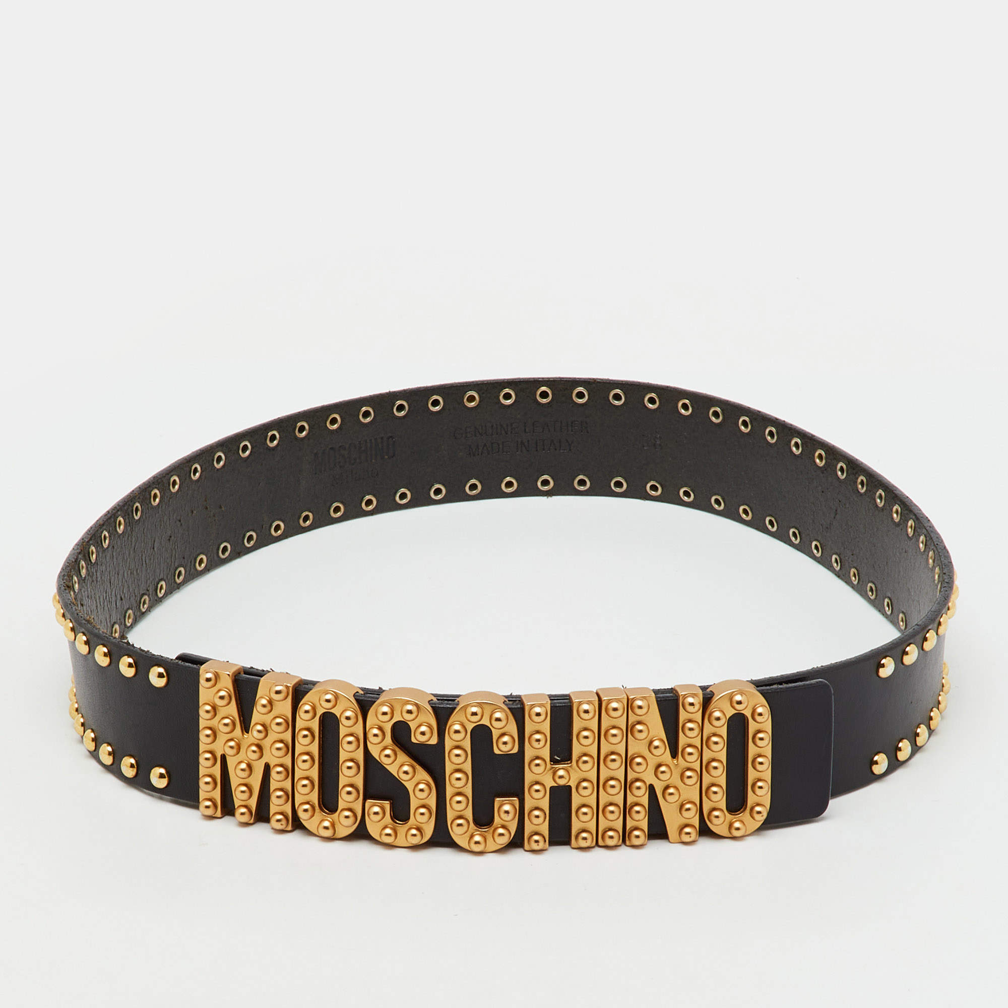 Pre Owned Moschino Black Leather Studded Classic Logo Belt 75CM