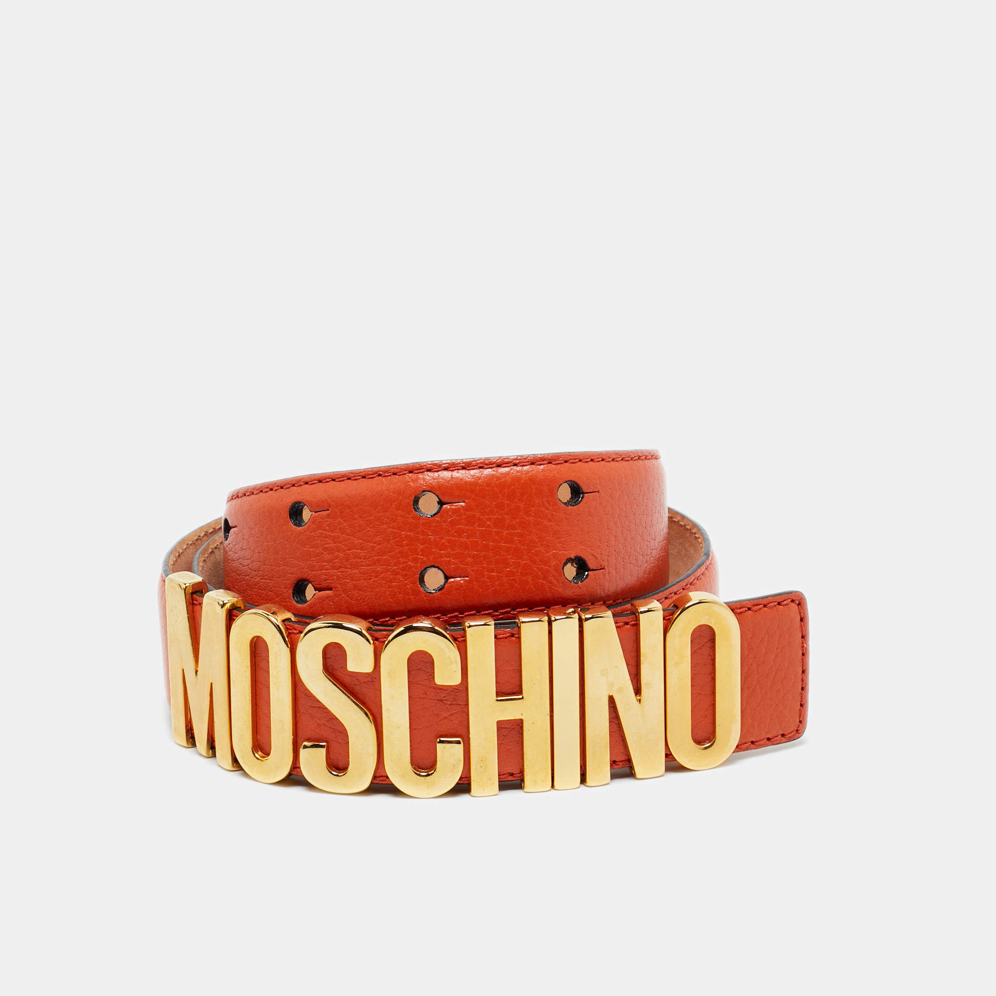Pre Owned Moschino Orange Leather Classic Logo Waist Belt 