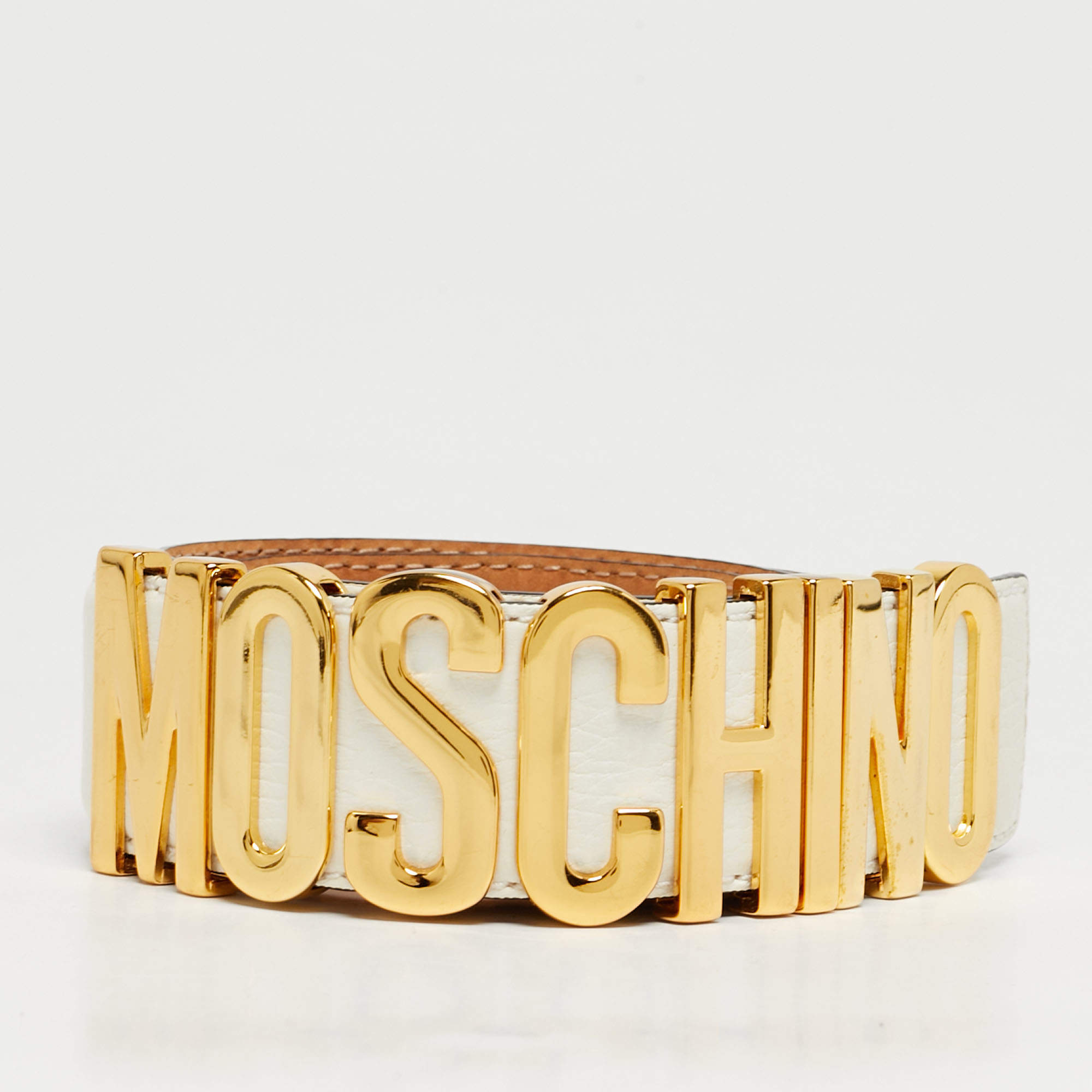 Pre Owned Moschino White Leather Classic Logo Waist Belt