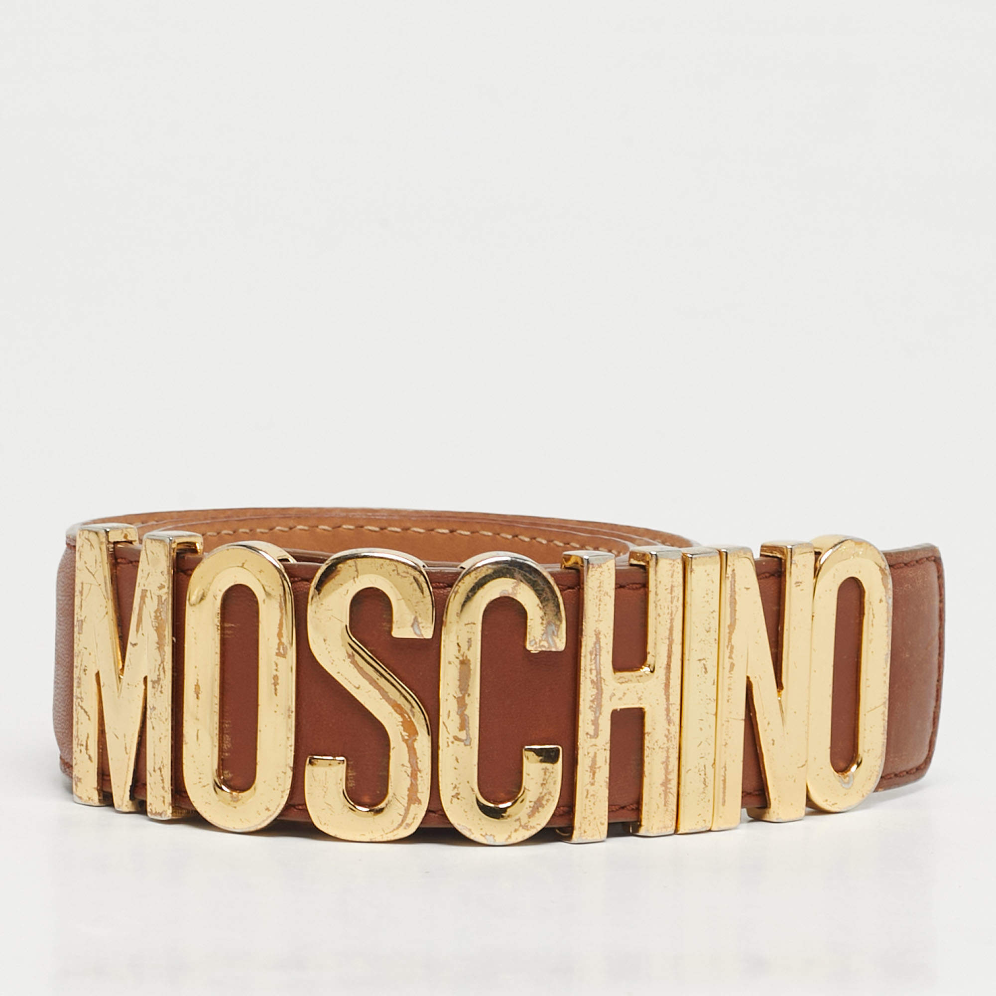 Pre Owned Moschino Brown Leather Classic Logo Waist Buckle Belt