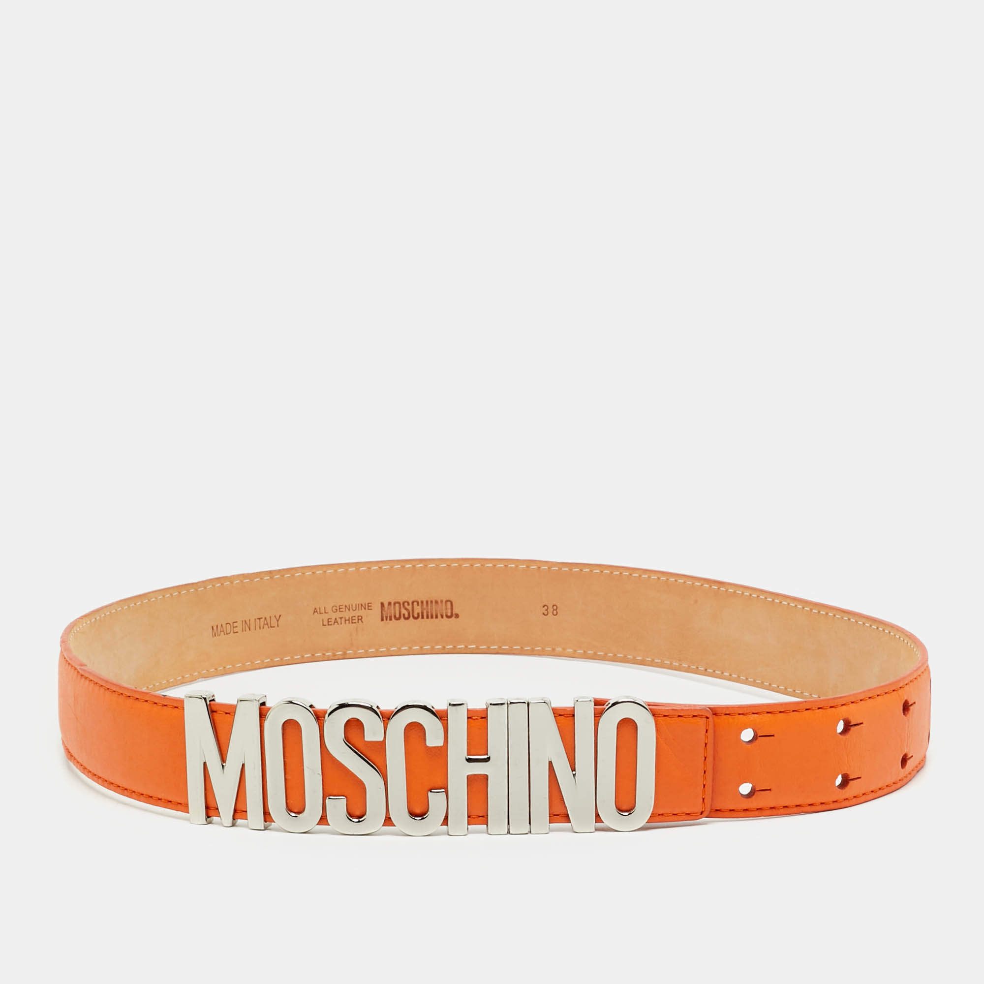 Pre Owned Moschino Classic Logo 85 CM Waist Belt Orange Leather