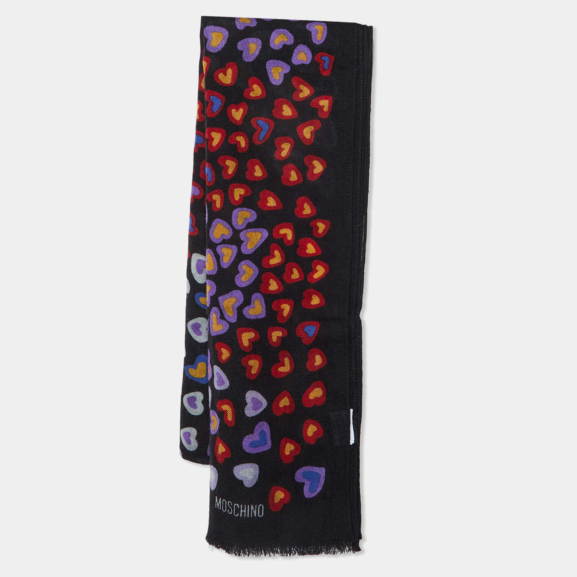 مملوكة مسبقًا Moschino Black Heart Print Wool Scarf