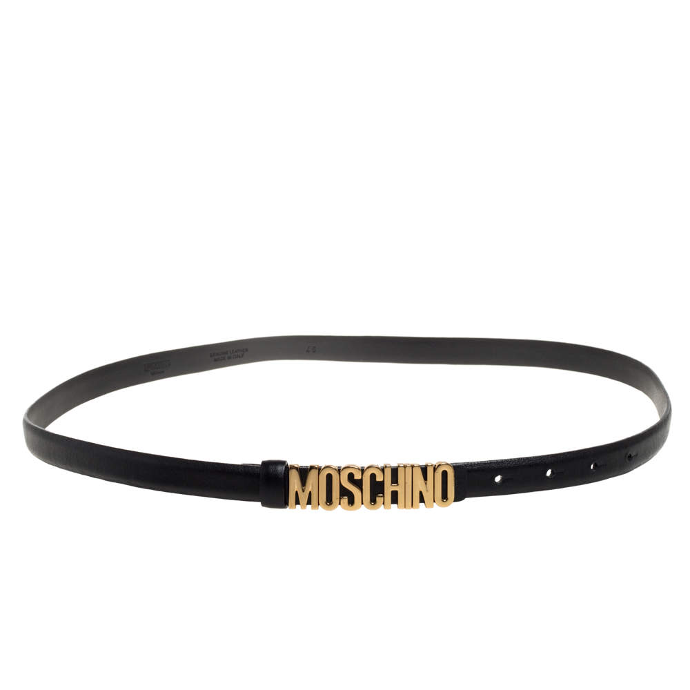 Pre Owned Moschino Black Leather Logo Slim Belt 110CM
