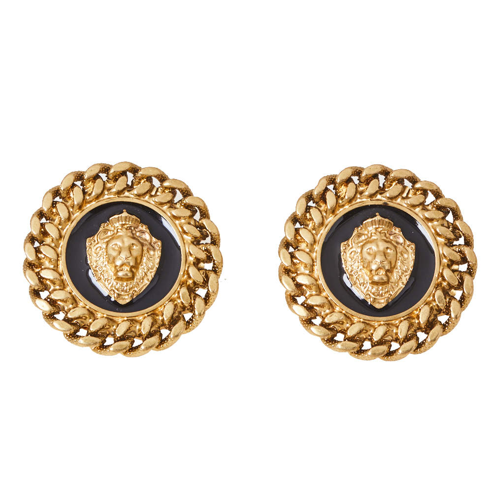 Pre Owned Moschino Lion Motif Black Enamel Gold Tone Round Stud Earrings
