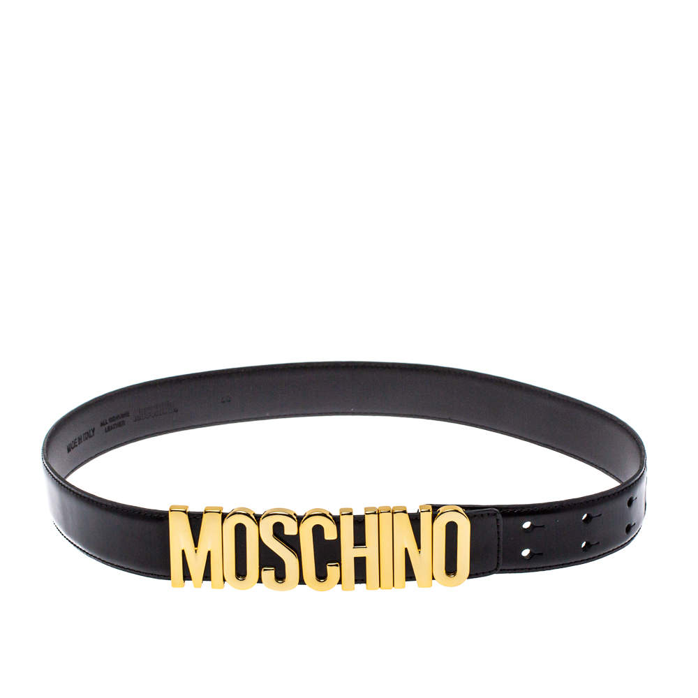 Pre Owned Moschino Black Leather Redwall Logo Waist Belt 80CM