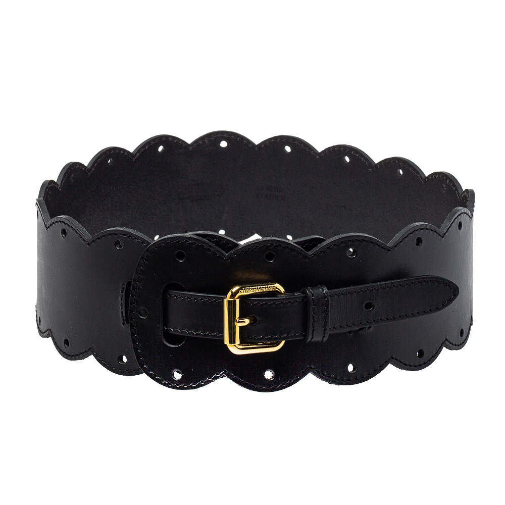 Pre Owned Moschino Black Leather Scallop Waist Belt 75CM