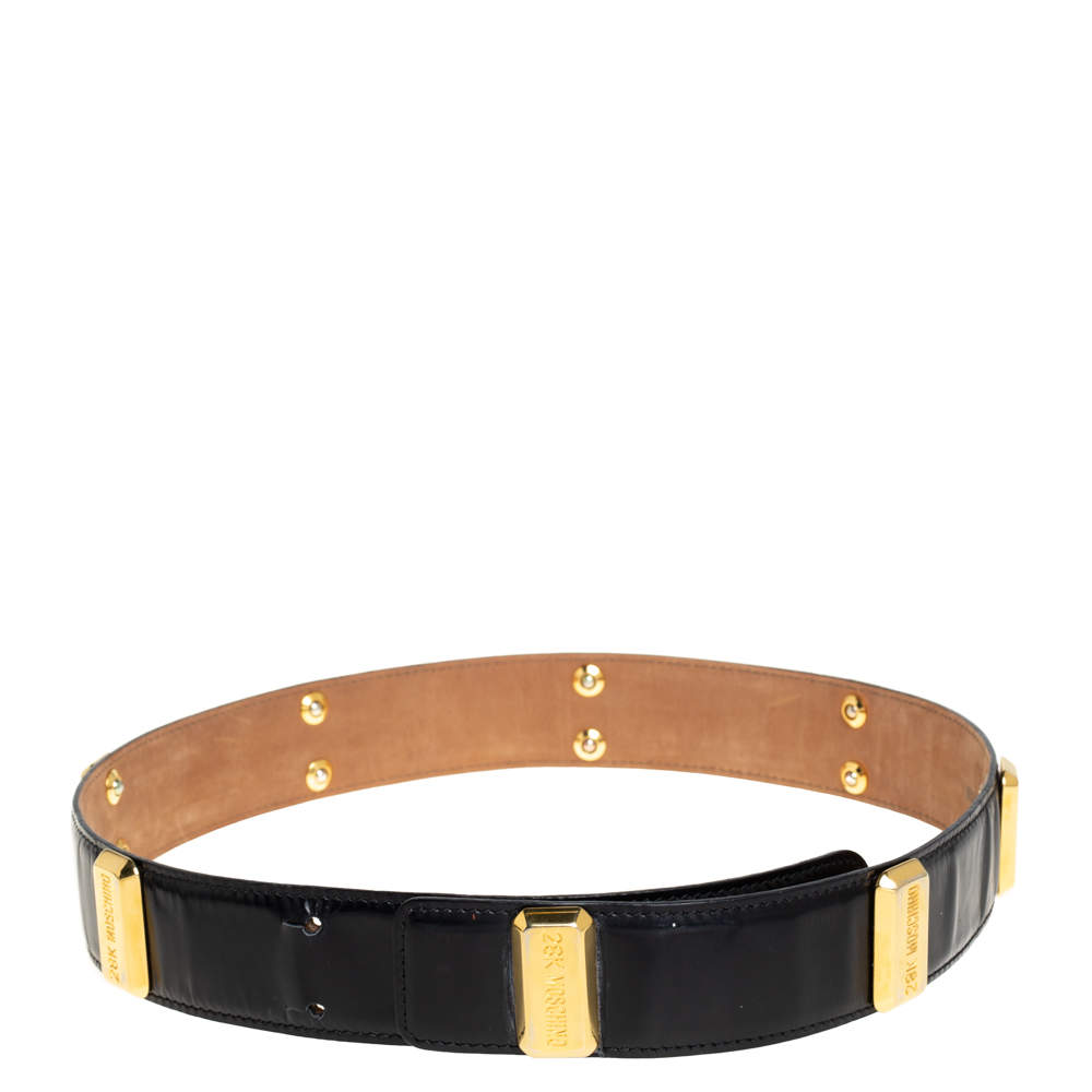 Pre Owned Moschino Black Redwall Leather Logo Bar Belt 90CM