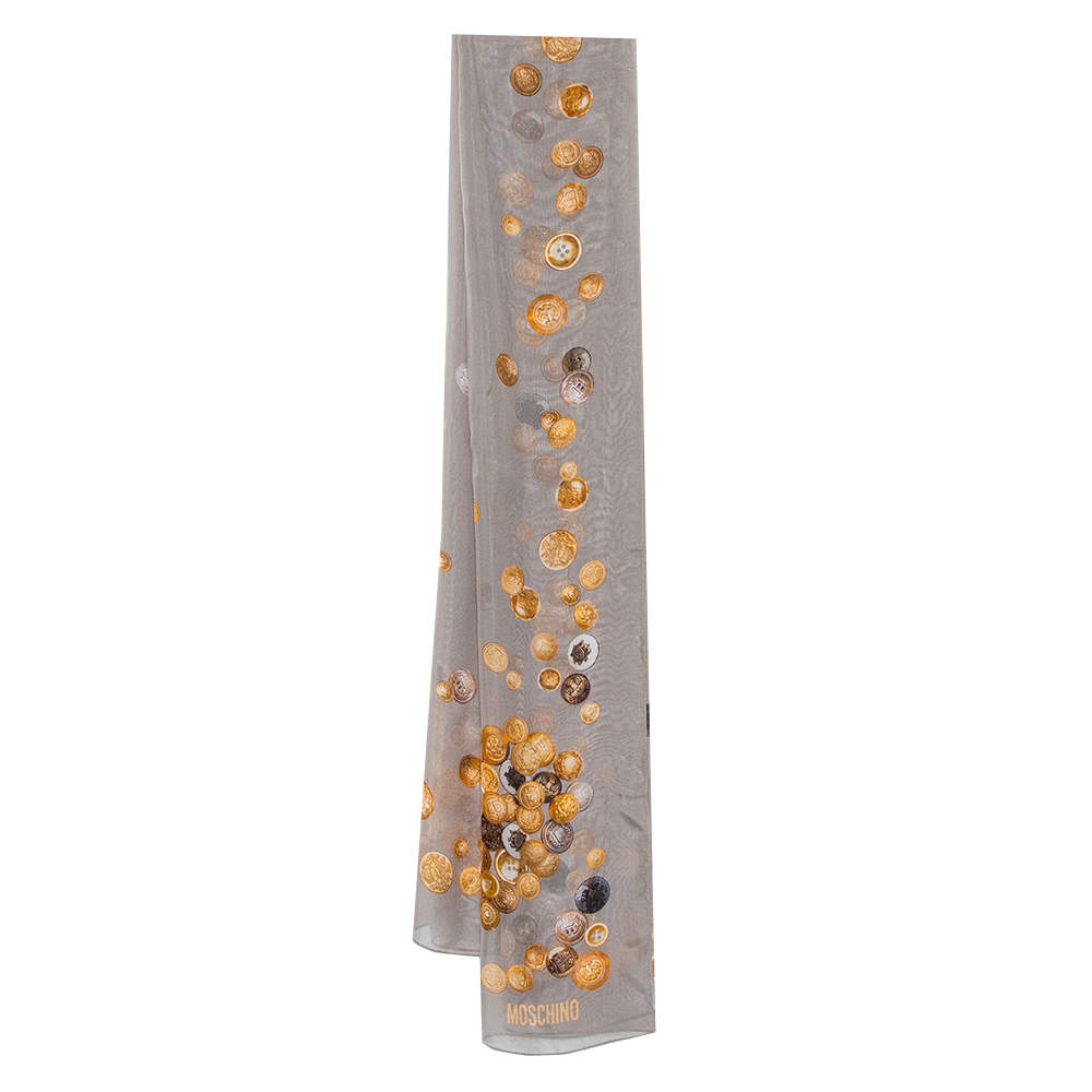 Moschino Grey Gold Button Print Silk Stole