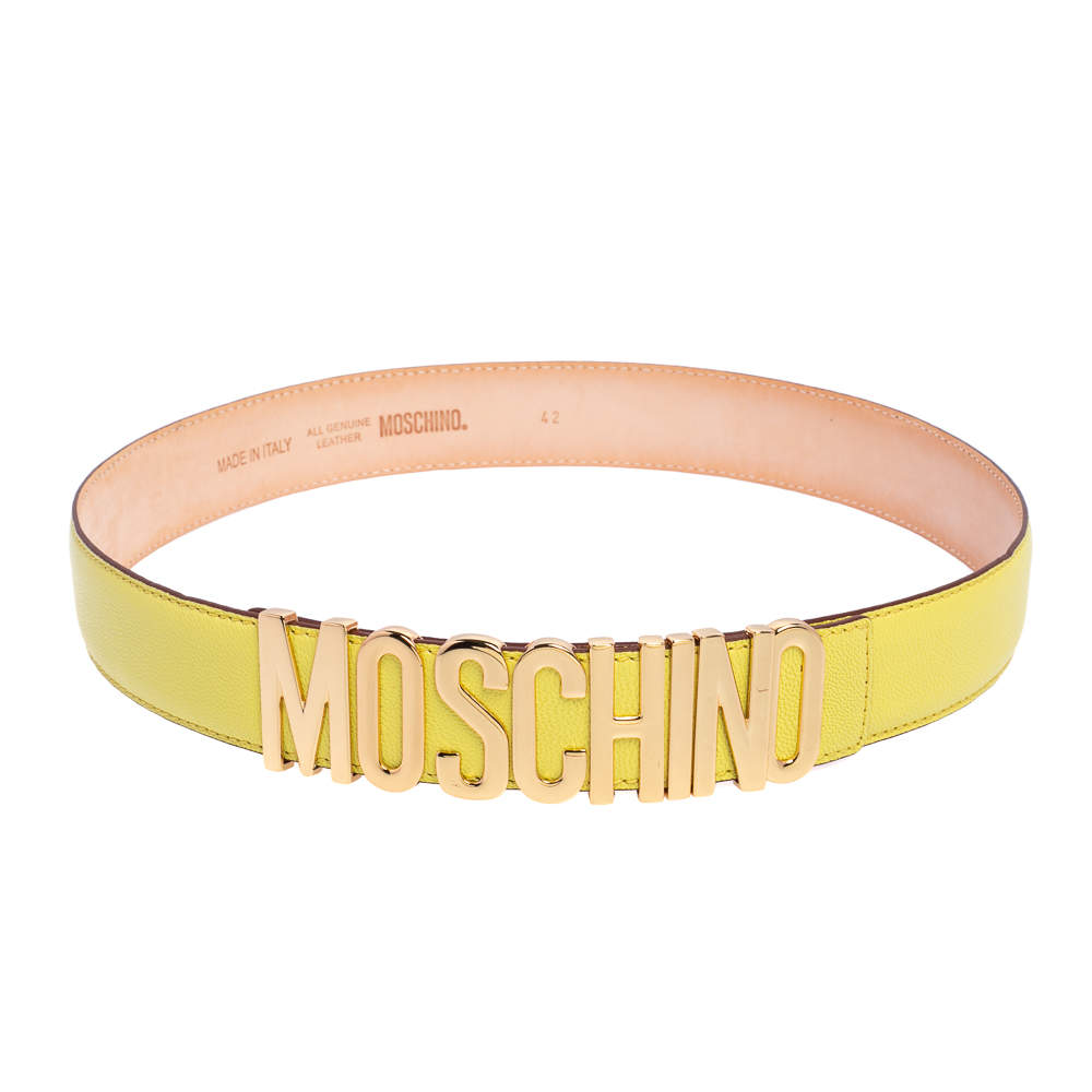 Pre Owned Moschino Yellow Leather Classic Logo Belt 95 CM